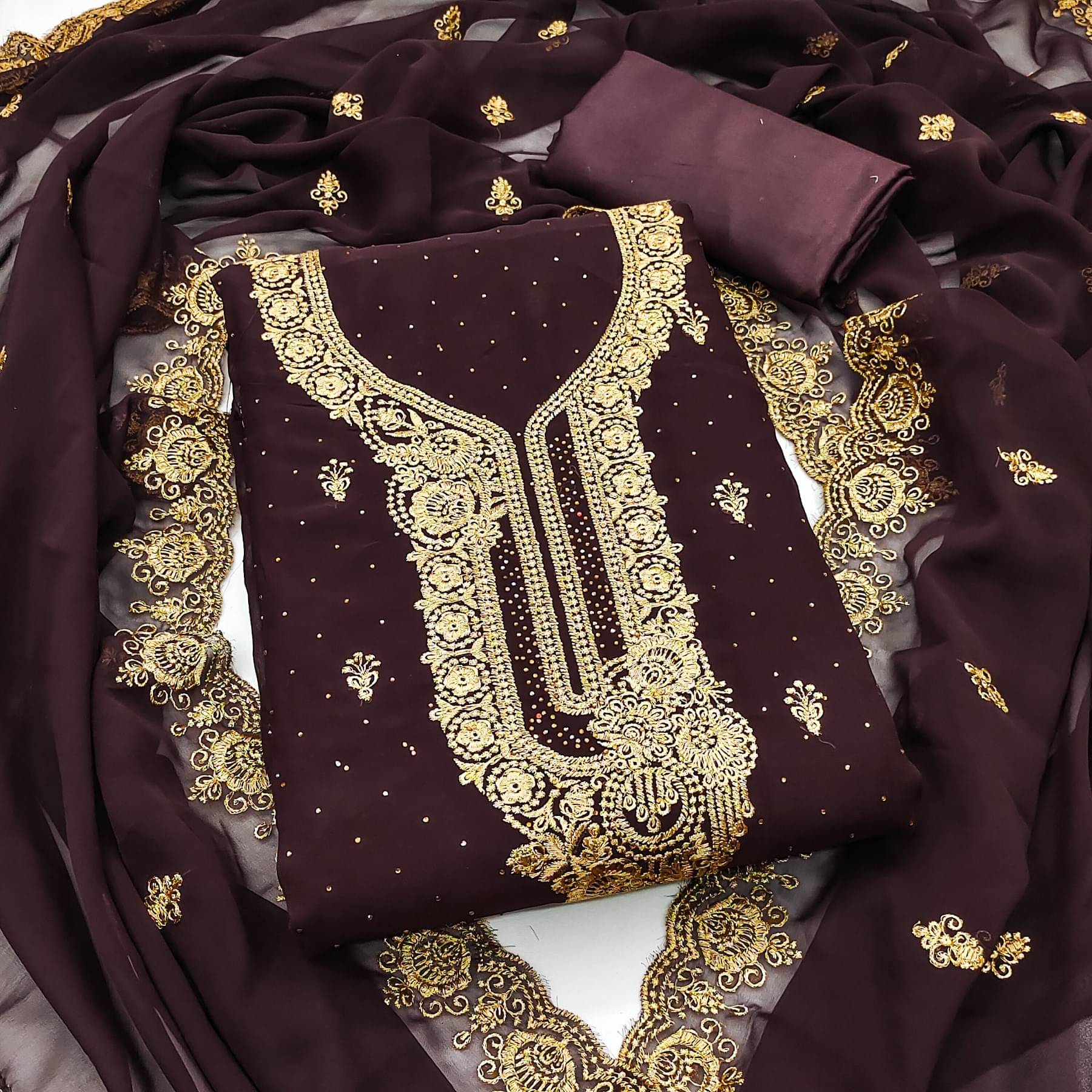 Rangtulika Ethnics Women Georgette Unstitched Dress Material ( Brown ) Rangtulika Ethnics Women Georgette Unstitched Dress Material ( Brown )