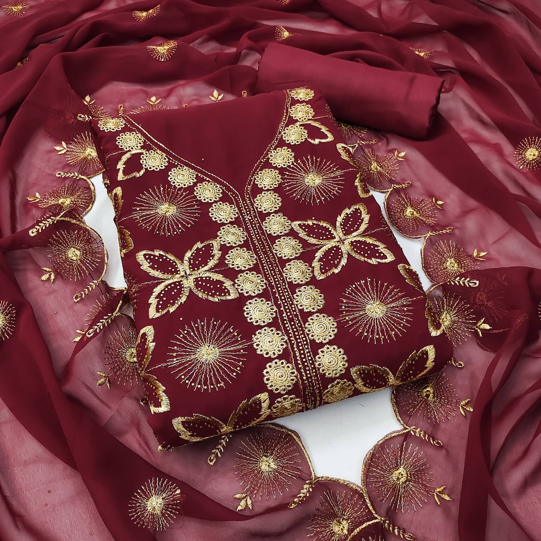 Rangtulika Ethnics Women Georgette Unstitched Dress Material ( Maroon ) Rangtulika Ethnics Women Georgette Unstitched Dress Material ( Maroon )