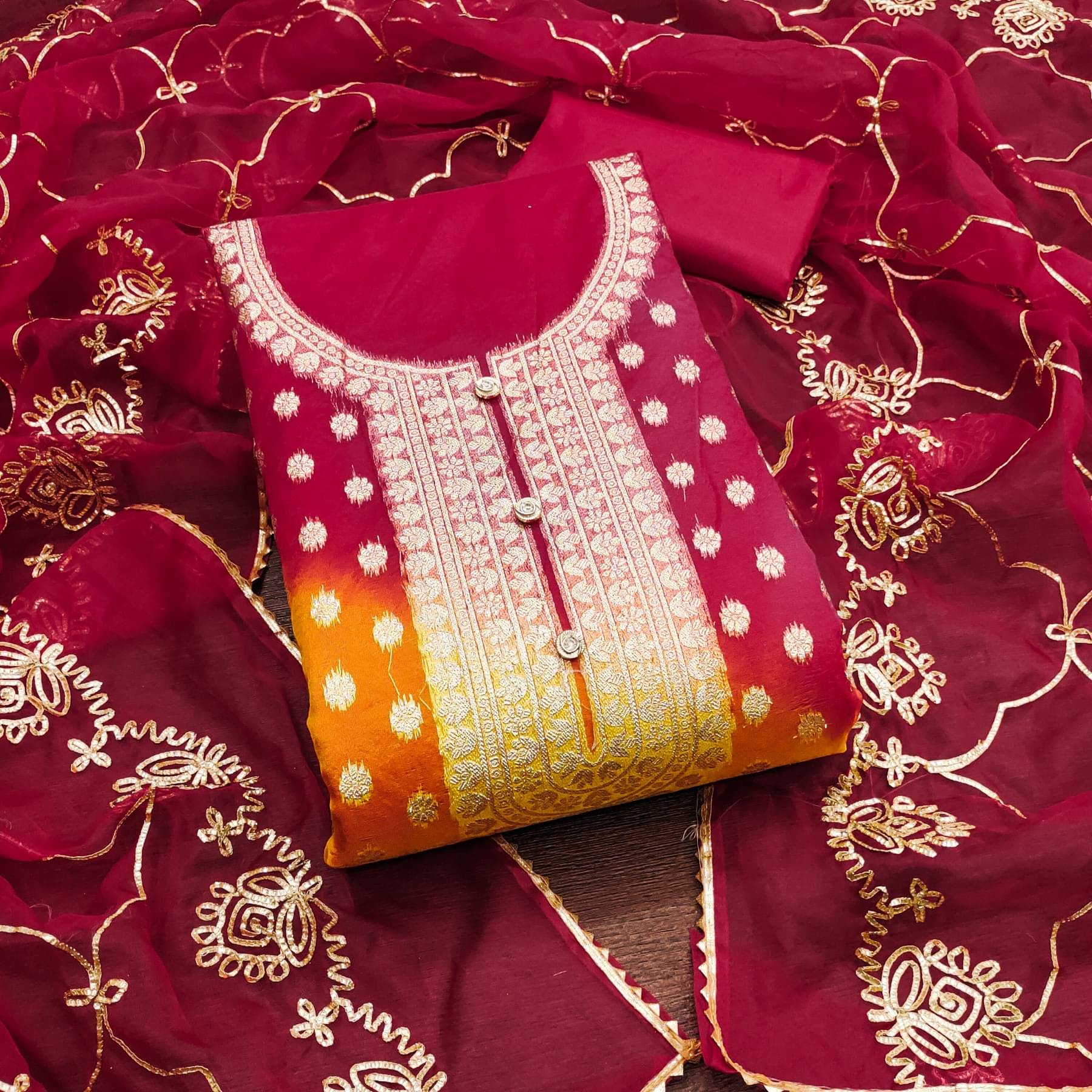     			Rangtulika Ethnics Women Organza Unstitched Dress Material ( Red )