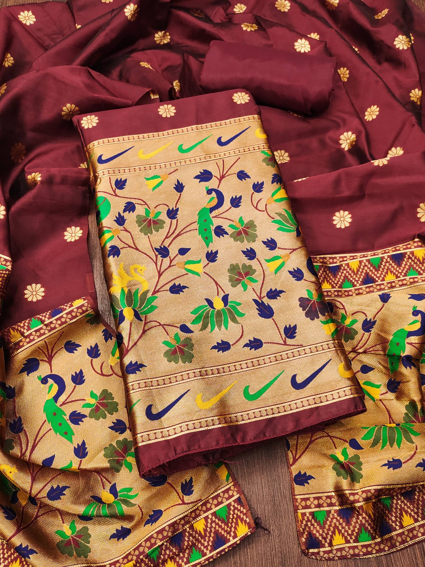 Rangtulika Ethnics Women Silk Unstitched Dress Material ( Maroon )     			Rangtulika Ethnics Women Silk Unstitched Dress Material ( Maroon )