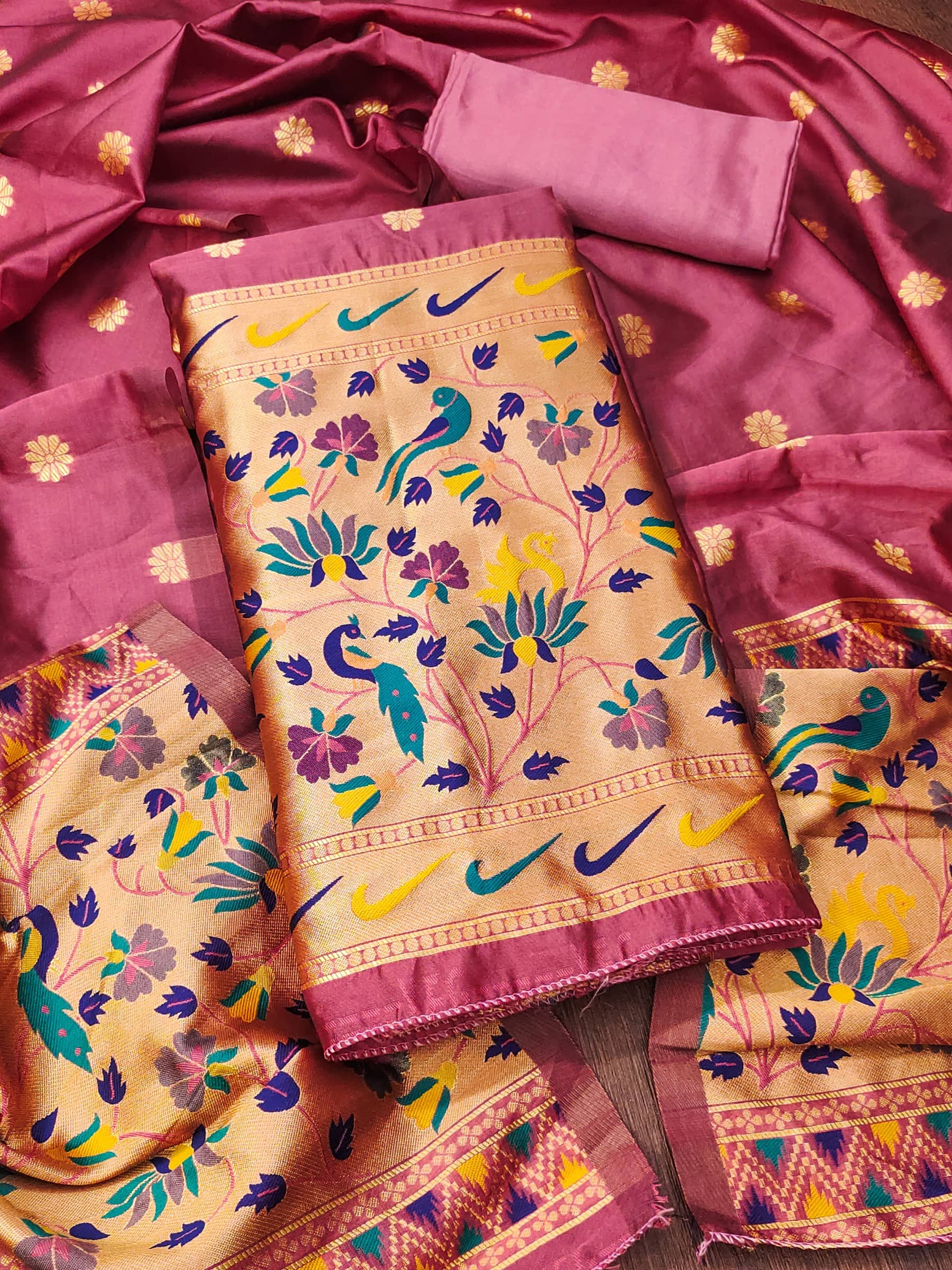 Rangtulika Ethnics Women Silk Unstitched Dress Material ( Peach ) - Unstitched Fabrics | Buy online on ZillyBuy