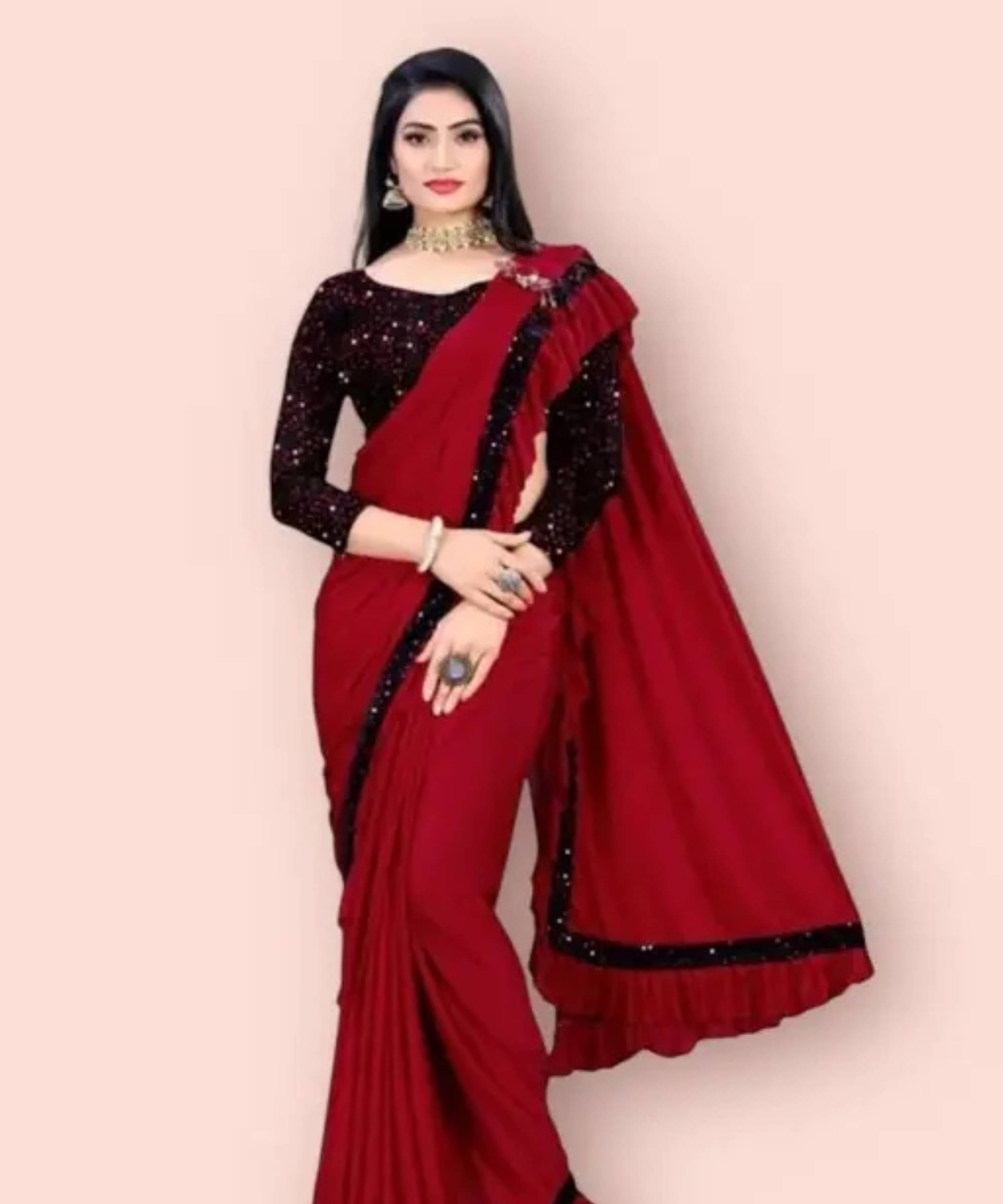 SIMRISH Lycra Embellished Saree With Unstitched Blouse Piece ( Maroon ) SIMRISH Lycra Embellished Saree With Unstitched Blouse Piece ( Maroon )
