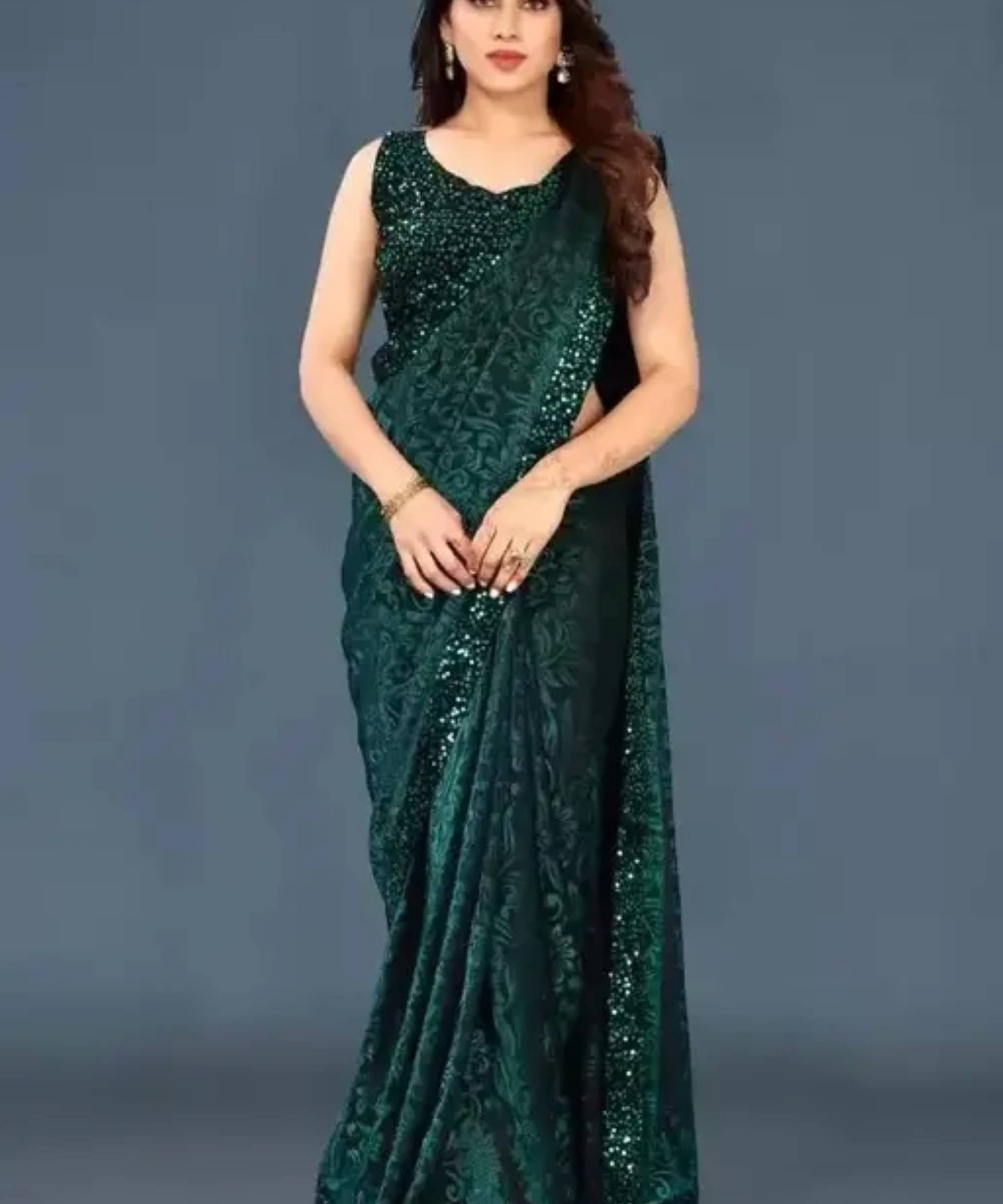 SIMRISH Lycra Embellished Saree With Unstitched Blouse Piece ( Rama ) SIMRISH Lycra Embellished Saree With Unstitched Blouse Piece ( Rama )