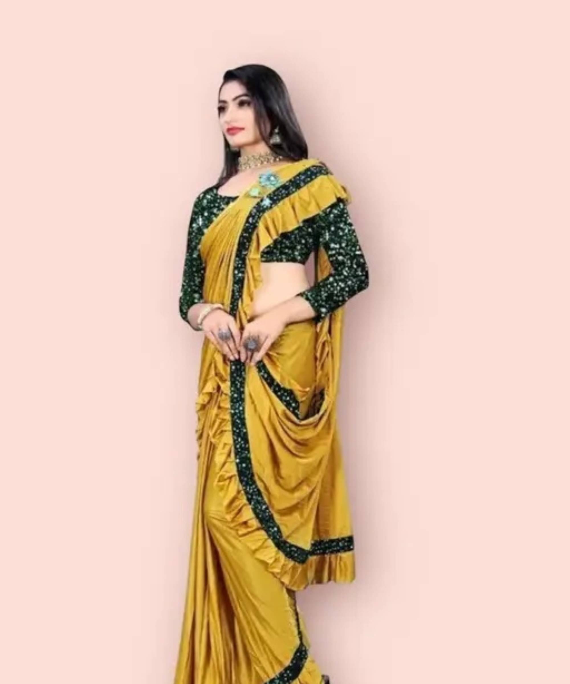 SIMRISH Lycra Embellished Saree With Unstitched Blouse Piece ( Yellow ) SIMRISH Lycra Embellished Saree With Unstitched Blouse Piece ( Yellow )