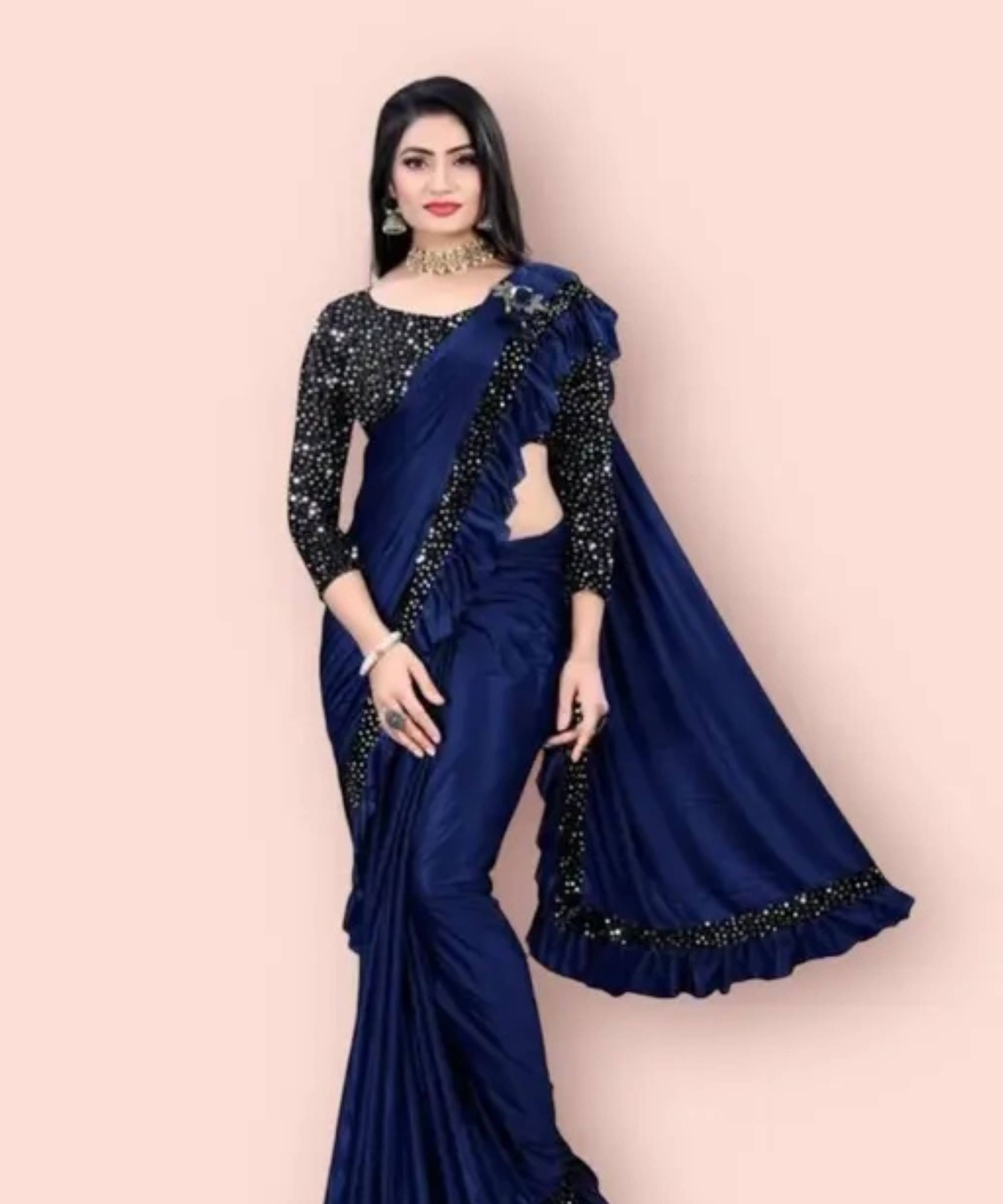 SIMRISH Lycra Embellished Saree With Unstitched Blouse Piece ( Navy Blue ) SIMRISH Lycra Embellished Saree With Unstitched Blouse Piece ( Navy Blue )