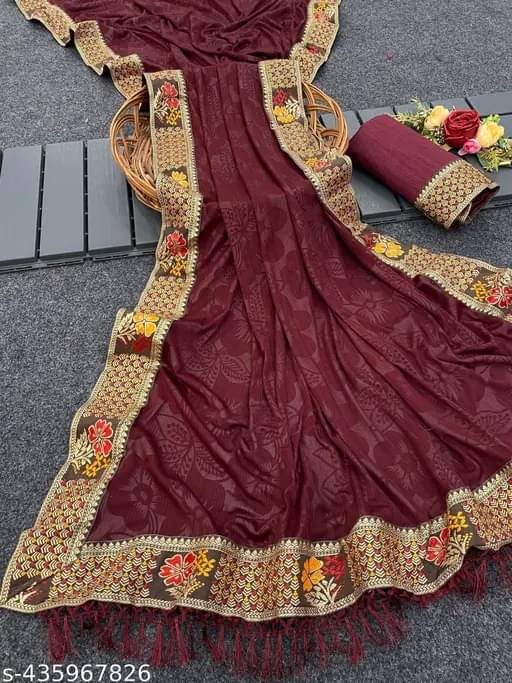     			SIMRISH Lycra Self Design Saree With Unstitched Blouse Piece ( Brown )