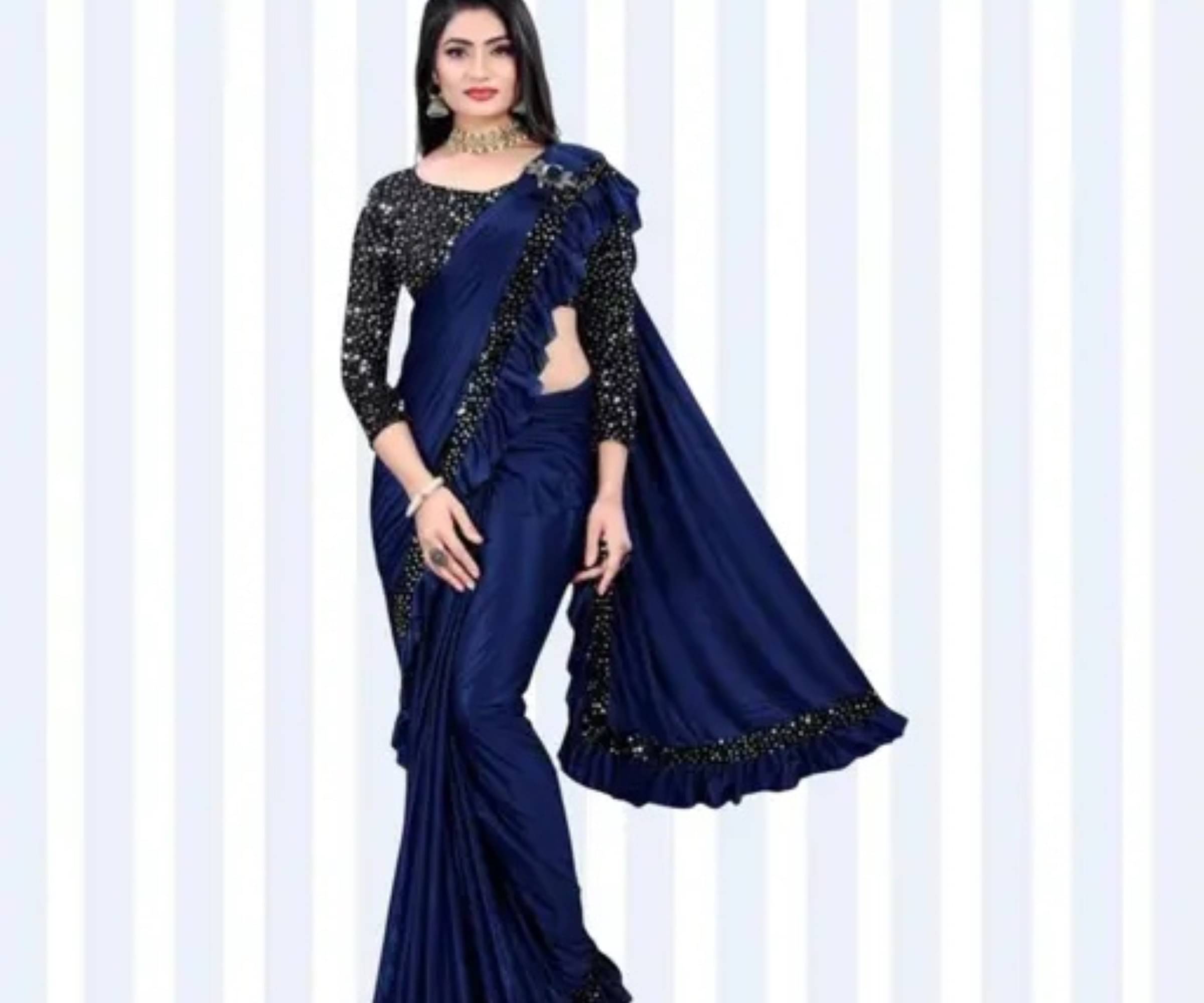     			SIMRISH Lycra Self Design Saree With Unstitched Blouse Piece ( Navy Blue )