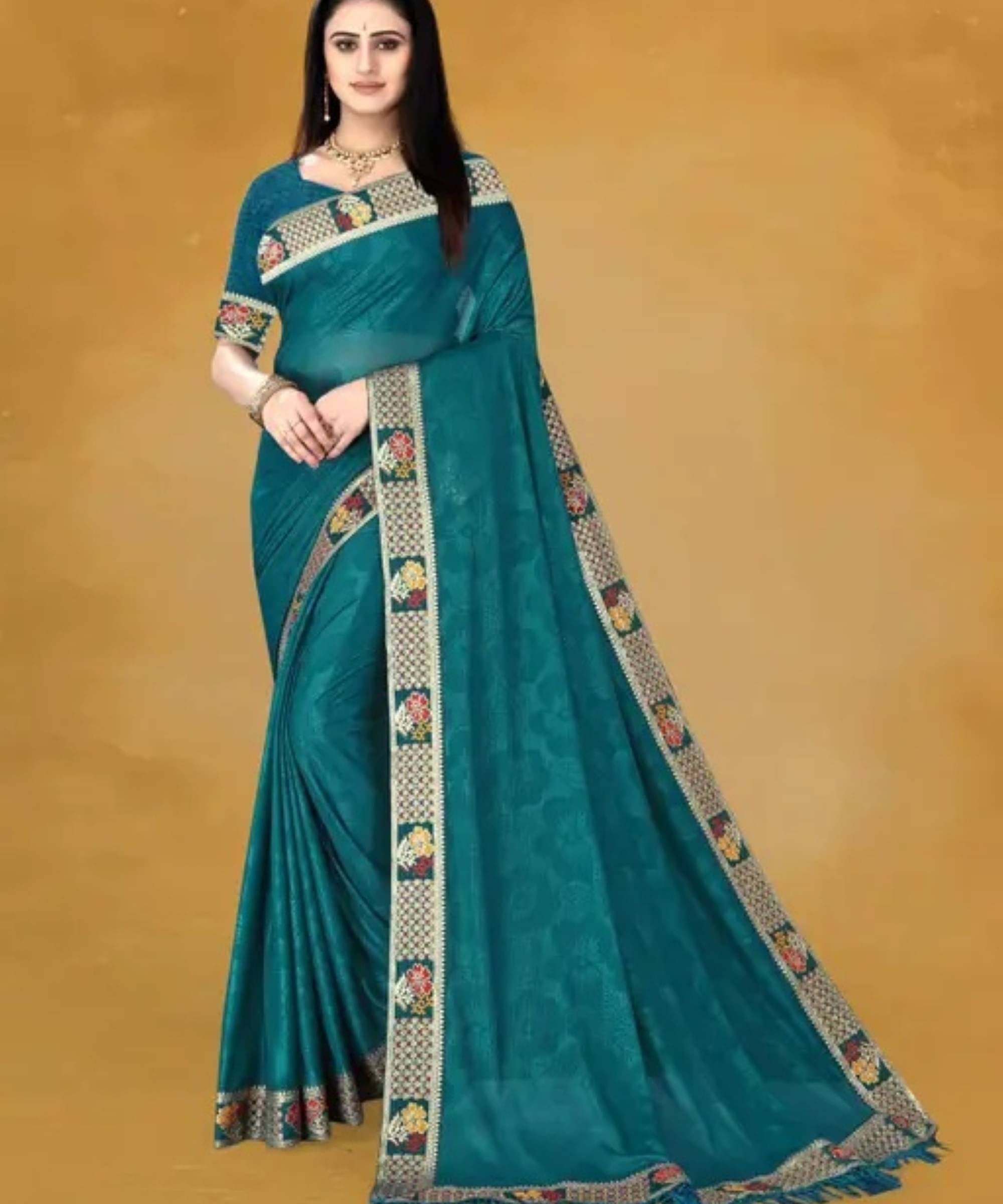 SIMRISH Lycra Self Design Saree With Unstitched Blouse Piece ( Teal ) SIMRISH Lycra Self Design Saree With Unstitched Blouse Piece ( Teal )