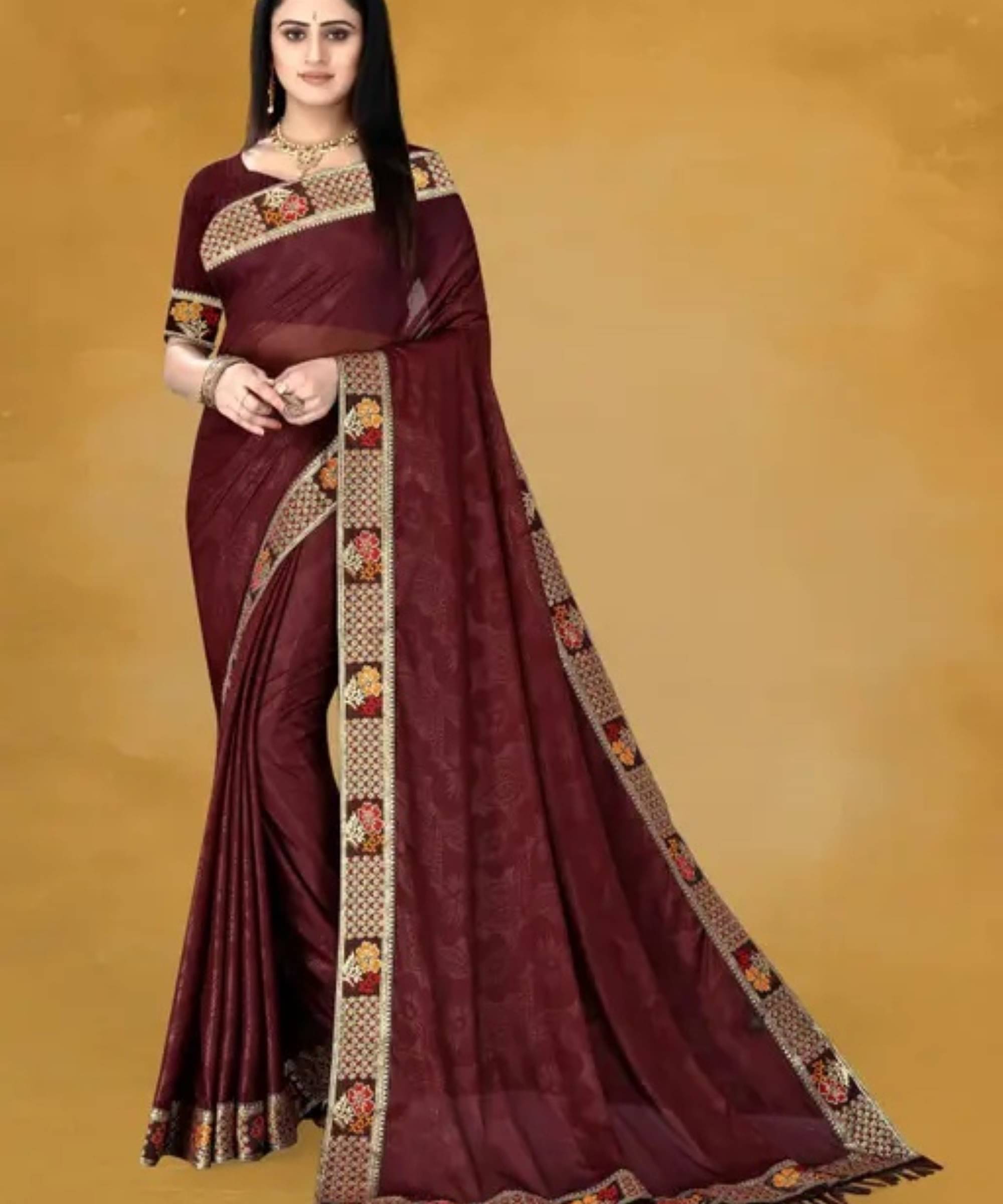     			SIMRISH Lycra Self Design Saree With Unstitched Blouse Piece ( Brown )