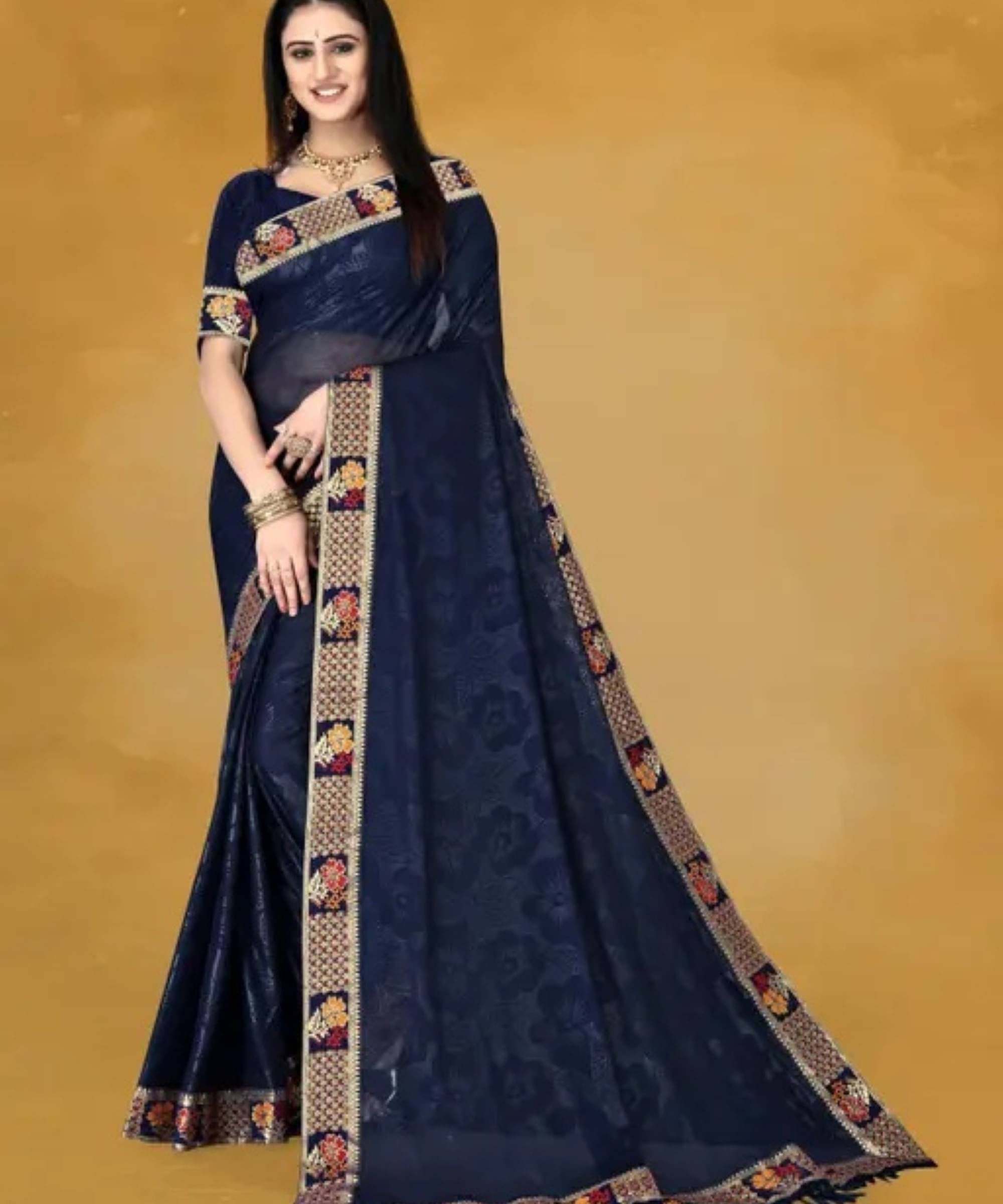     			SIMRISH Lycra Self Design Saree With Unstitched Blouse Piece ( Navy Blue )