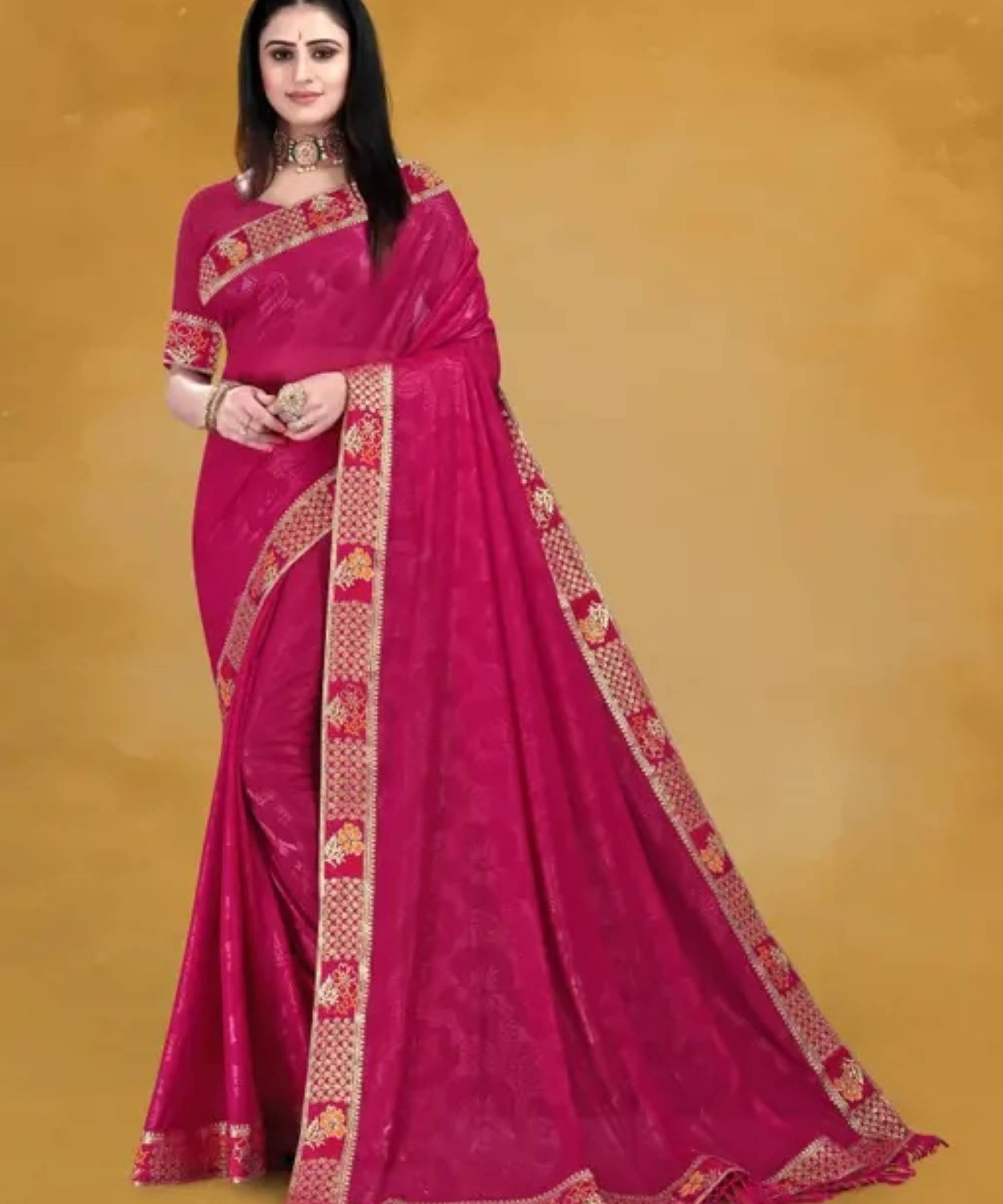 SIMRISH Lycra Self Design Saree With Unstitched Blouse Piece ( Rani ) SIMRISH Lycra Self Design Saree With Unstitched Blouse Piece ( Rani )