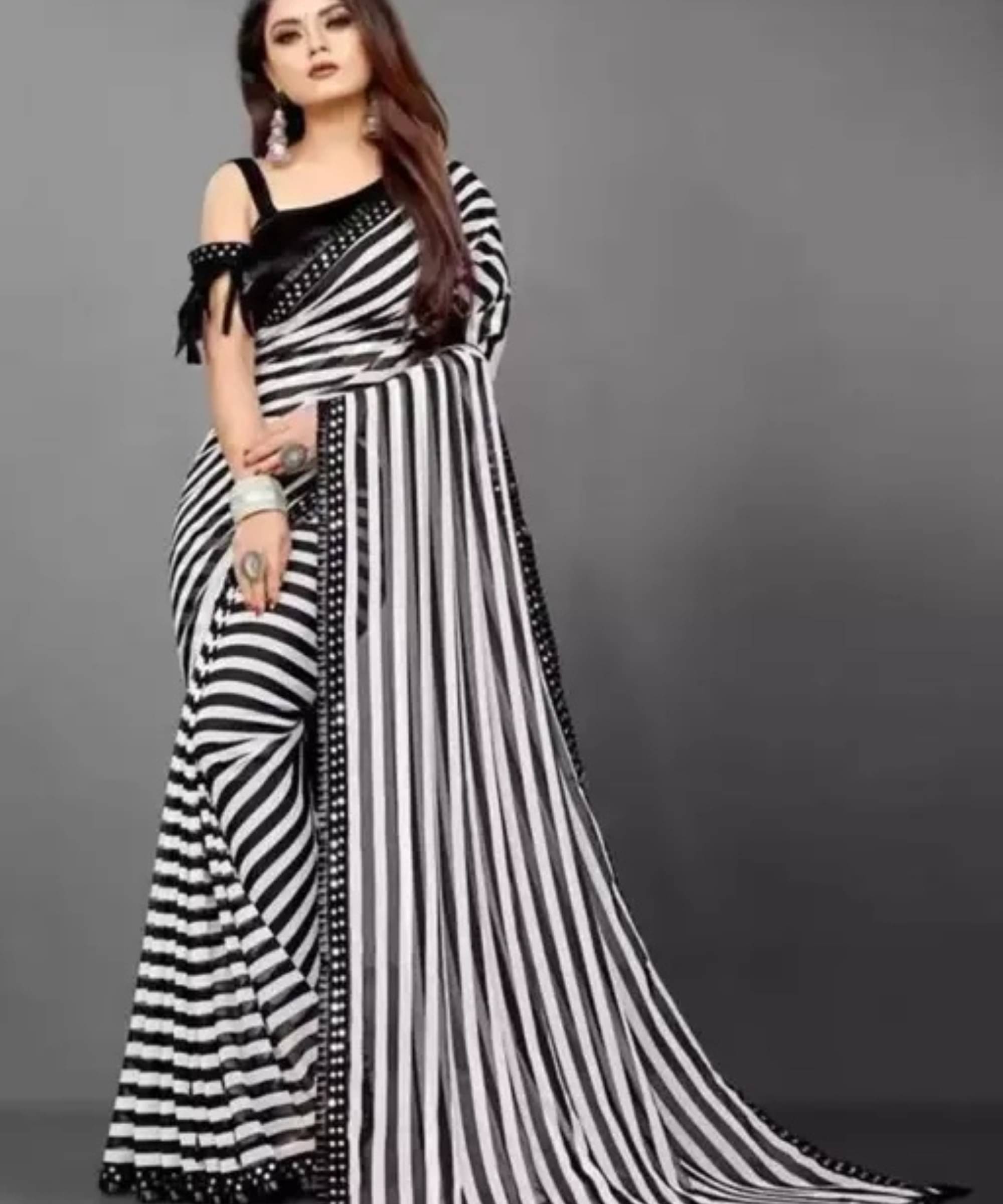     			SIMRISH Lycra Striped Saree With Unstitched Blouse Piece ( White )