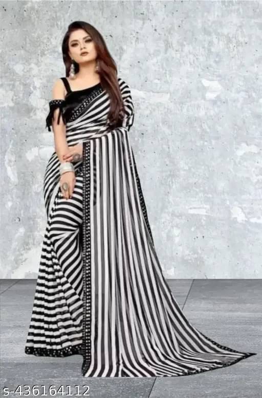    			SIMRISH Lycra Striped Saree With Unstitched Blouse Piece ( White )