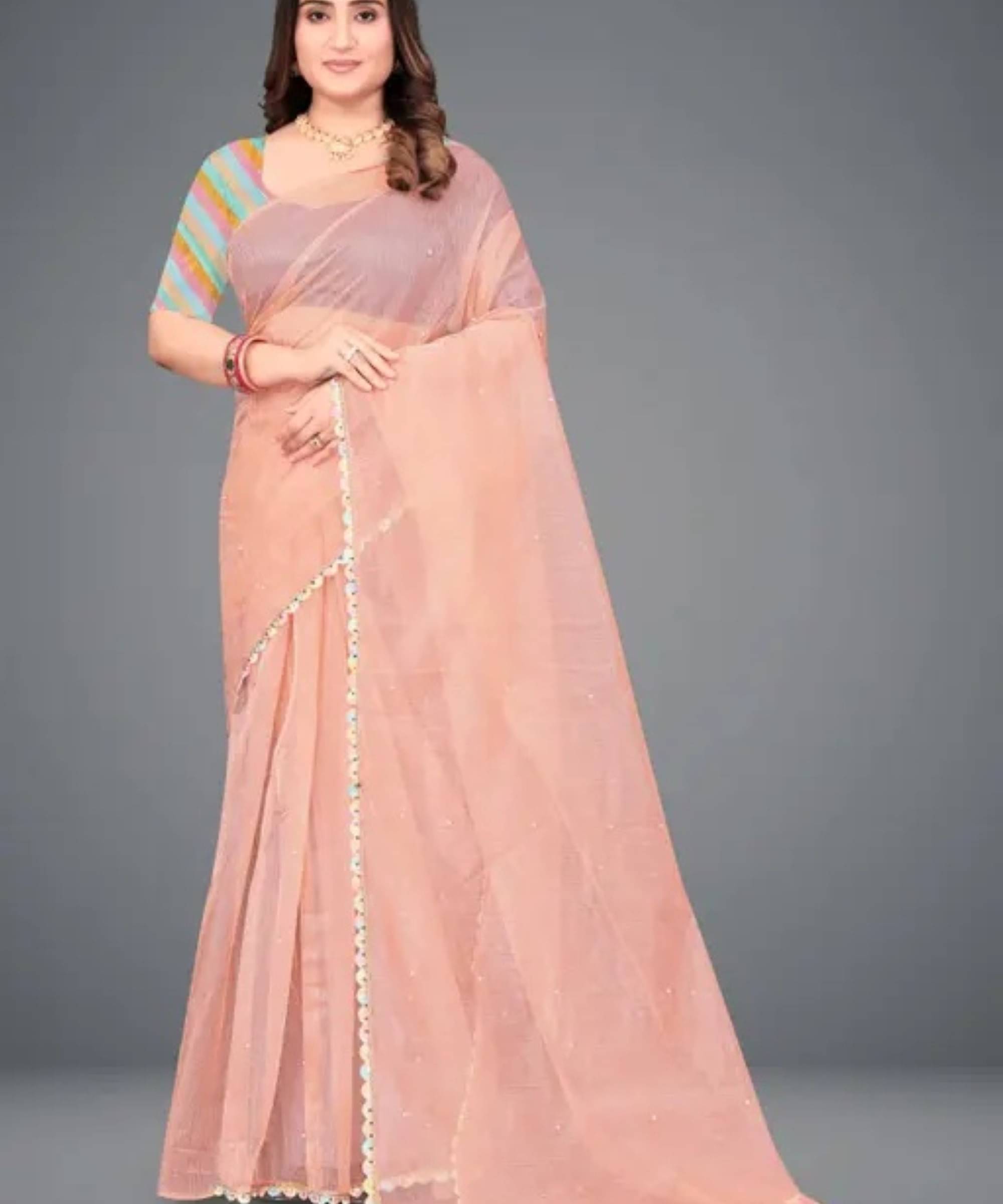 SIMRISH Net Self Design With Unstitched Blouse Piece ( Peach ) SIMRISH Net Self Design With Unstitched Blouse Piece ( Peach )