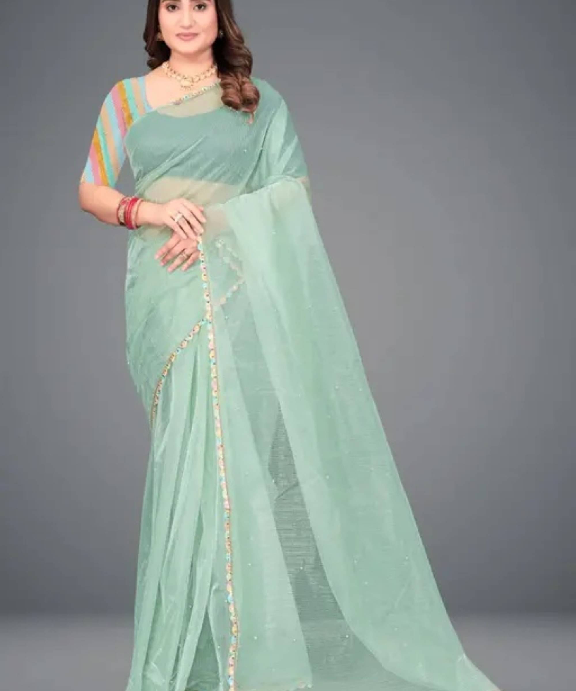 SIMRISH Net Self Design Saree With Unstitched Blouse Piece ( Light Green ) SIMRISH Net Self Design Saree With Unstitched Blouse Piece ( Light Green )