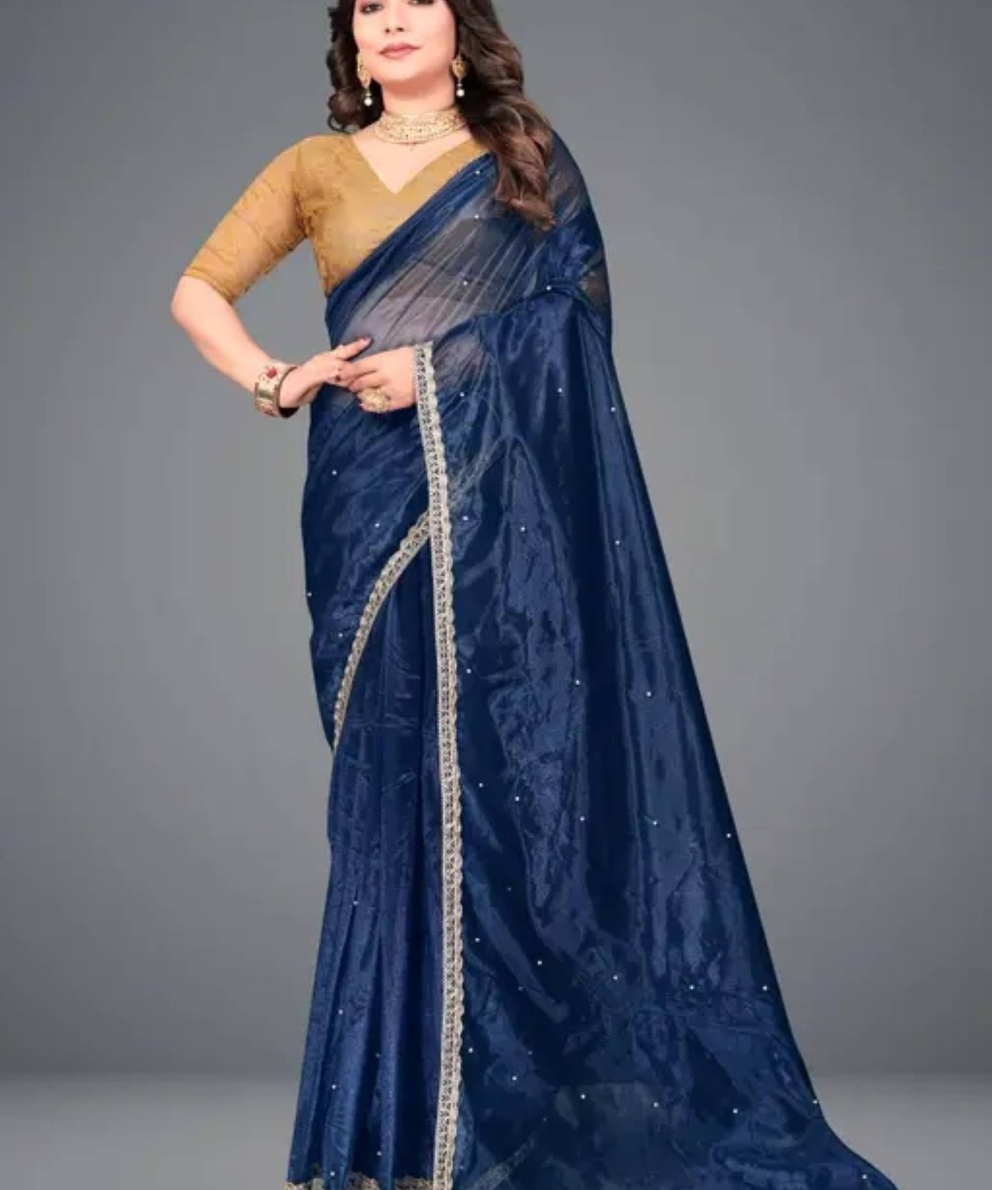     			SIMRISH Nylon Self Design Saree With Unstitched Blouse Piece ( Navy Blue )