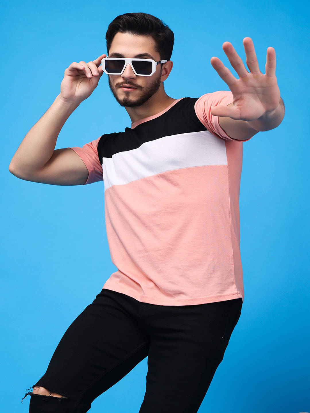 SWIFTLY Men Cotton Regular Fit Colorblock T-Shirt ( Peach ) SWIFTLY Men Cotton Regular Fit Colorblock T-Shirt ( Peach )