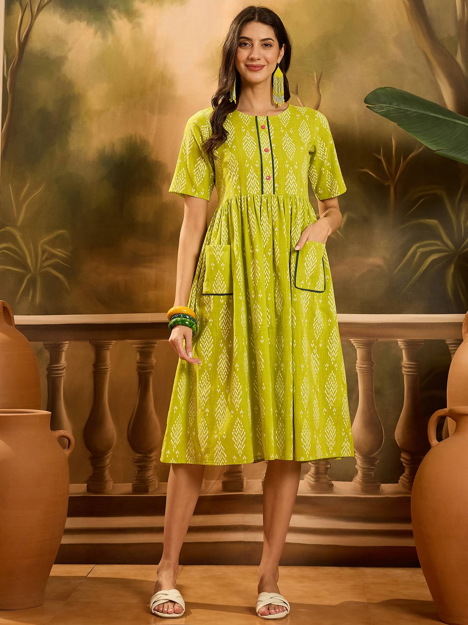     			Stylum Women Cotton Printed Fit & Flare Dress ( Green )