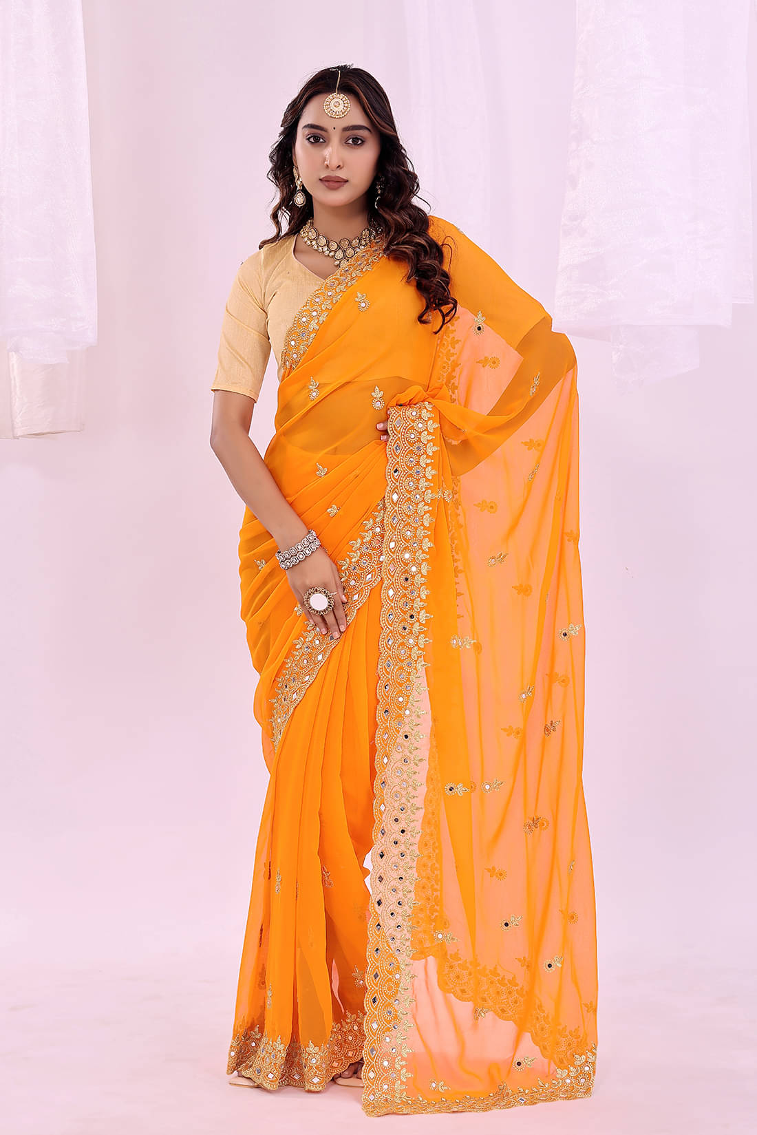 Suali Georgette Solid Saree With Unstitched Blouse Piece ( Yellow ) Suali Georgette Solid Saree With Unstitched Blouse Piece ( Yellow )