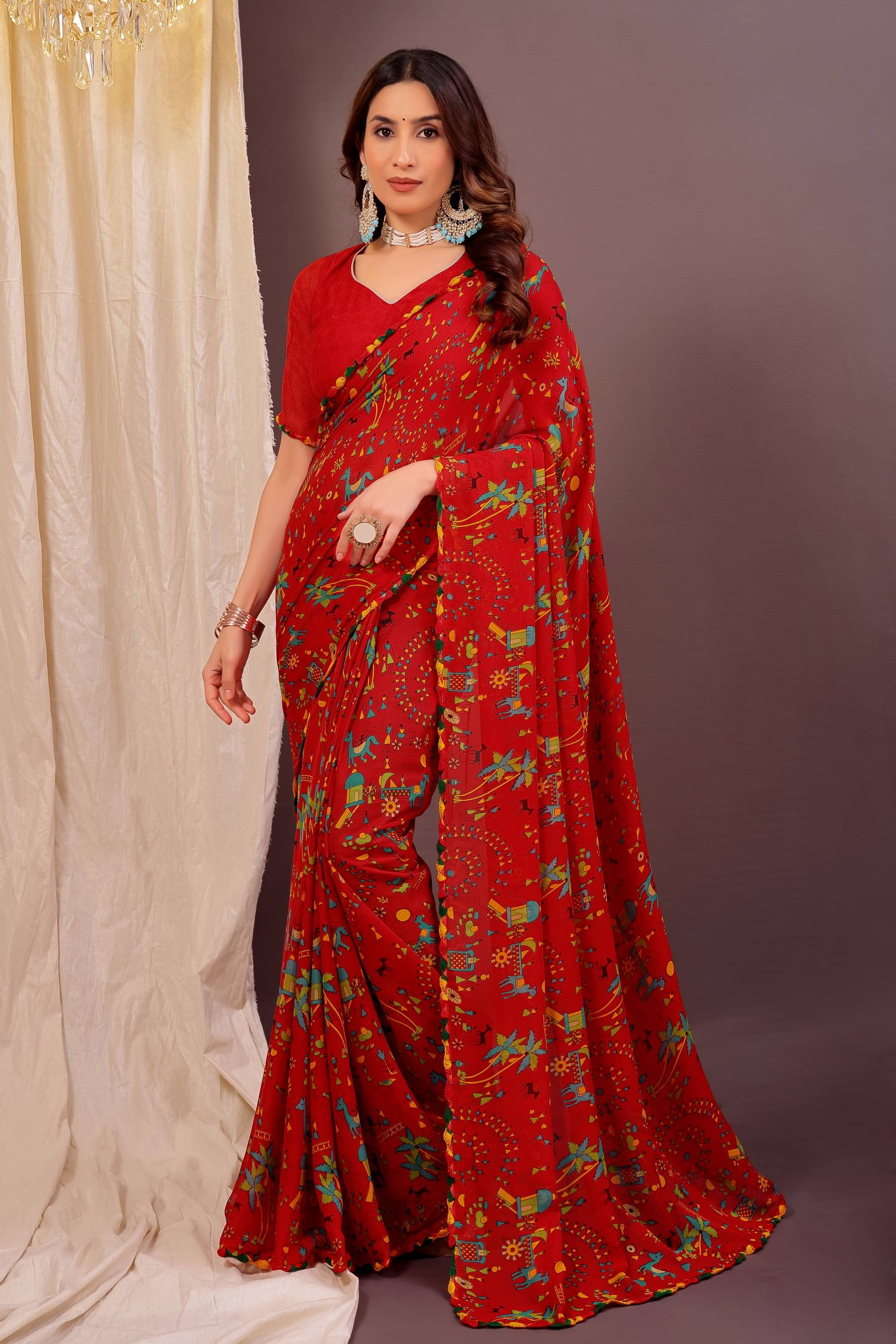     			Suali Georgette Solid Saree With Unstitched Blouse Piece ( Red )
