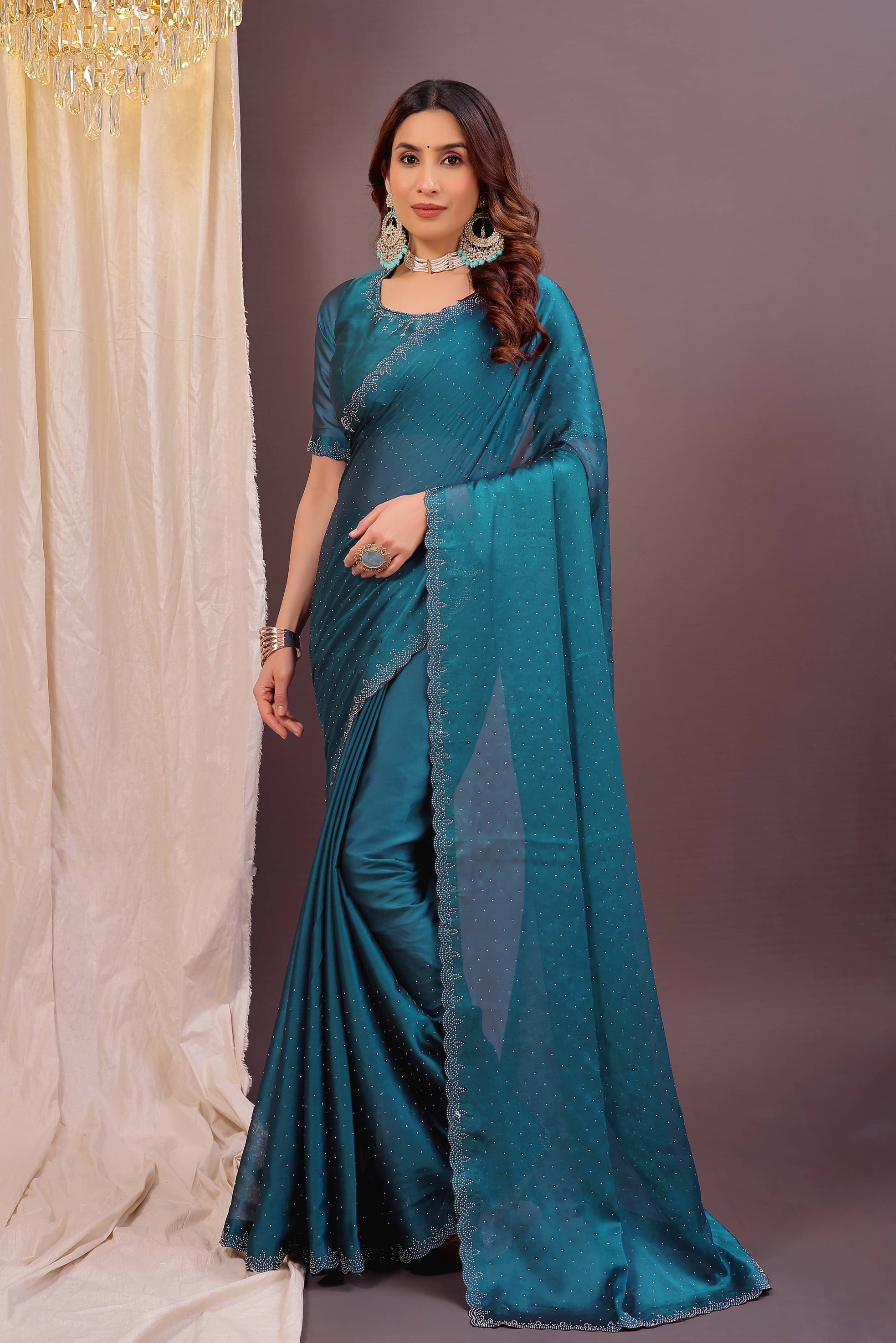     			Suali Organza Solid Saree With Unstitched Blouse Piece ( Blue )