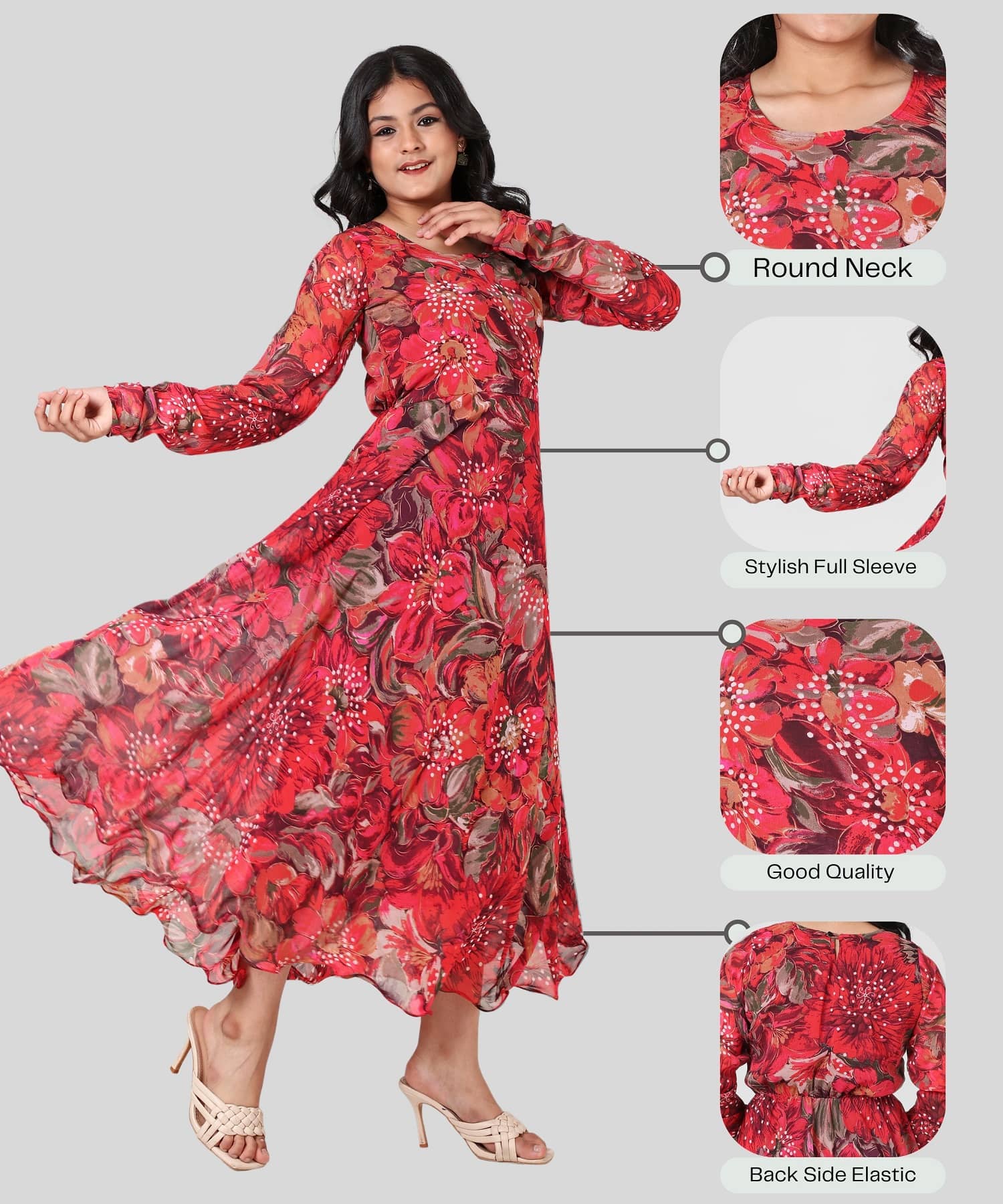 Aarya Designer Georgette Gown For Girls ( Pack of 1 , Red )