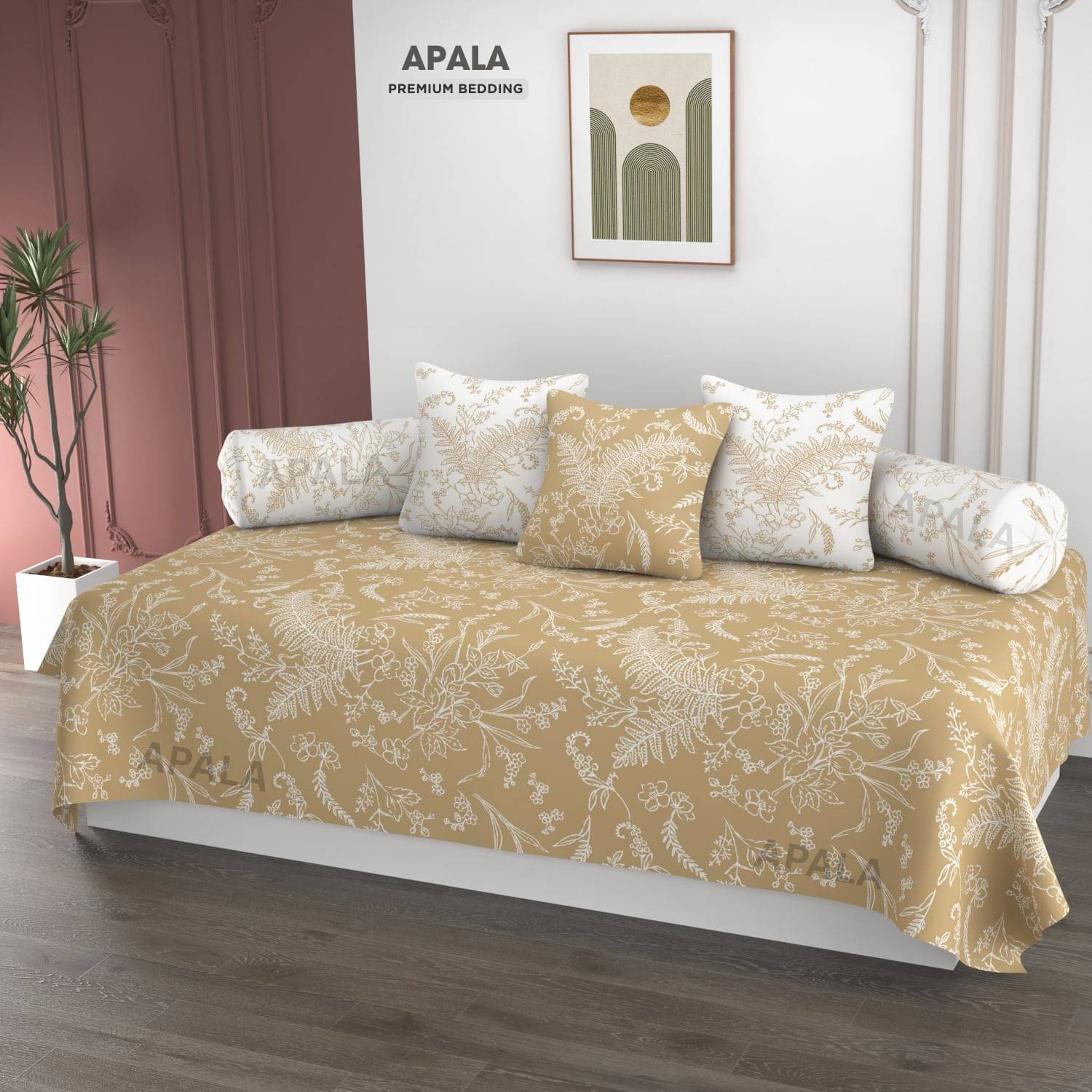 Apala Microfibre Floral Diwan Set 6 Pcs - Gold Apala Microfibre Floral Diwan Set 6 Pcs - Gold