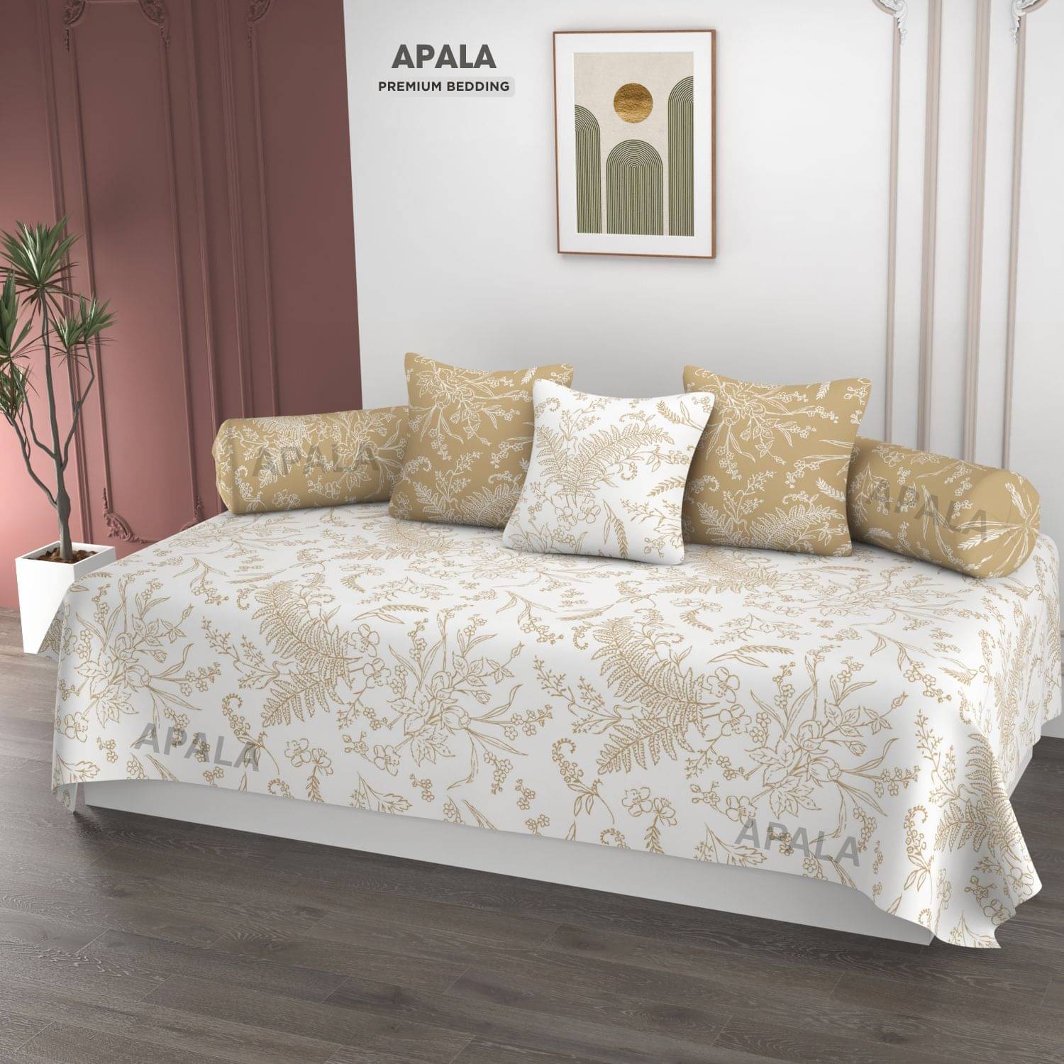 Apala Microfibre Floral Diwan Set 6 Pcs - White Apala Microfibre Floral Diwan Set 6 Pcs - White