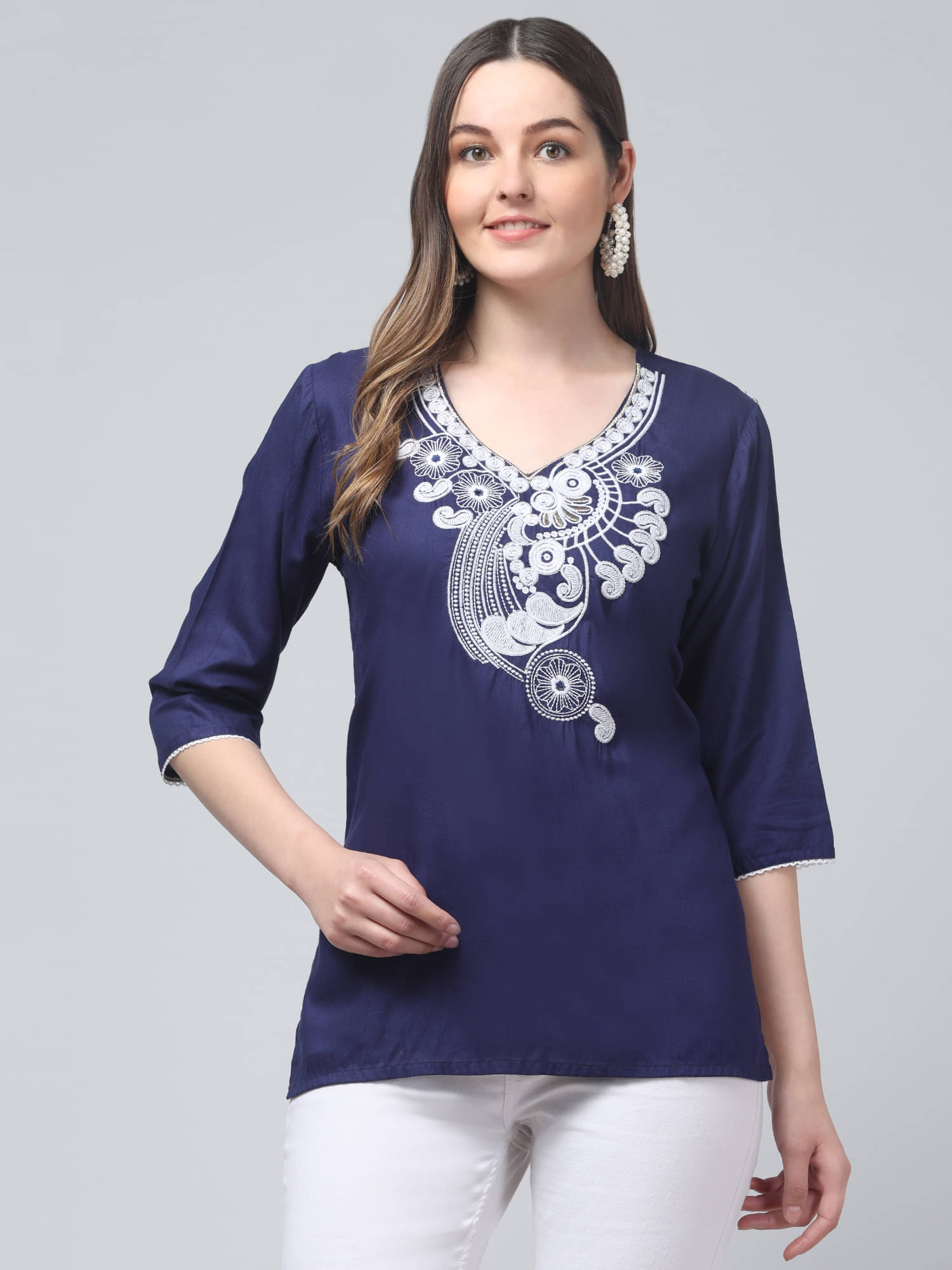 Aura Glam Women Rayon Embroidered A-line Kurti ( Navy Blue )     			Aura Glam Women Rayon Embroidered A-line Kurti ( Navy Blue )