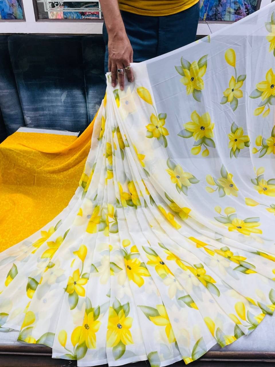     			Bhuwal Fashion Georgette Printed Ilkal Saree With Unstitched Blouse Piece ( Yellow )