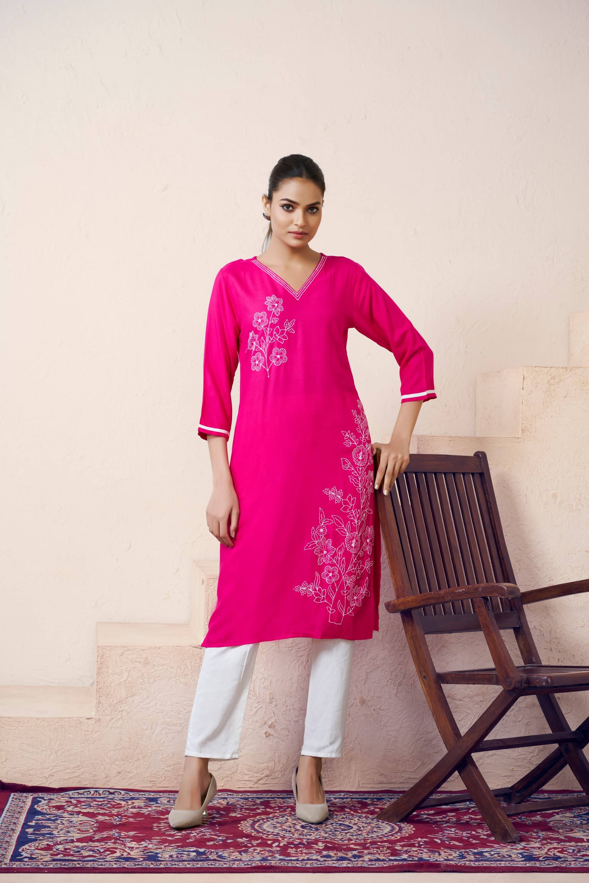 CYNOR Women Viscose Rayon Embroidered Straight Kurti ( Pink ) CYNOR Women Viscose Rayon Embroidered Straight Kurti ( Pink )