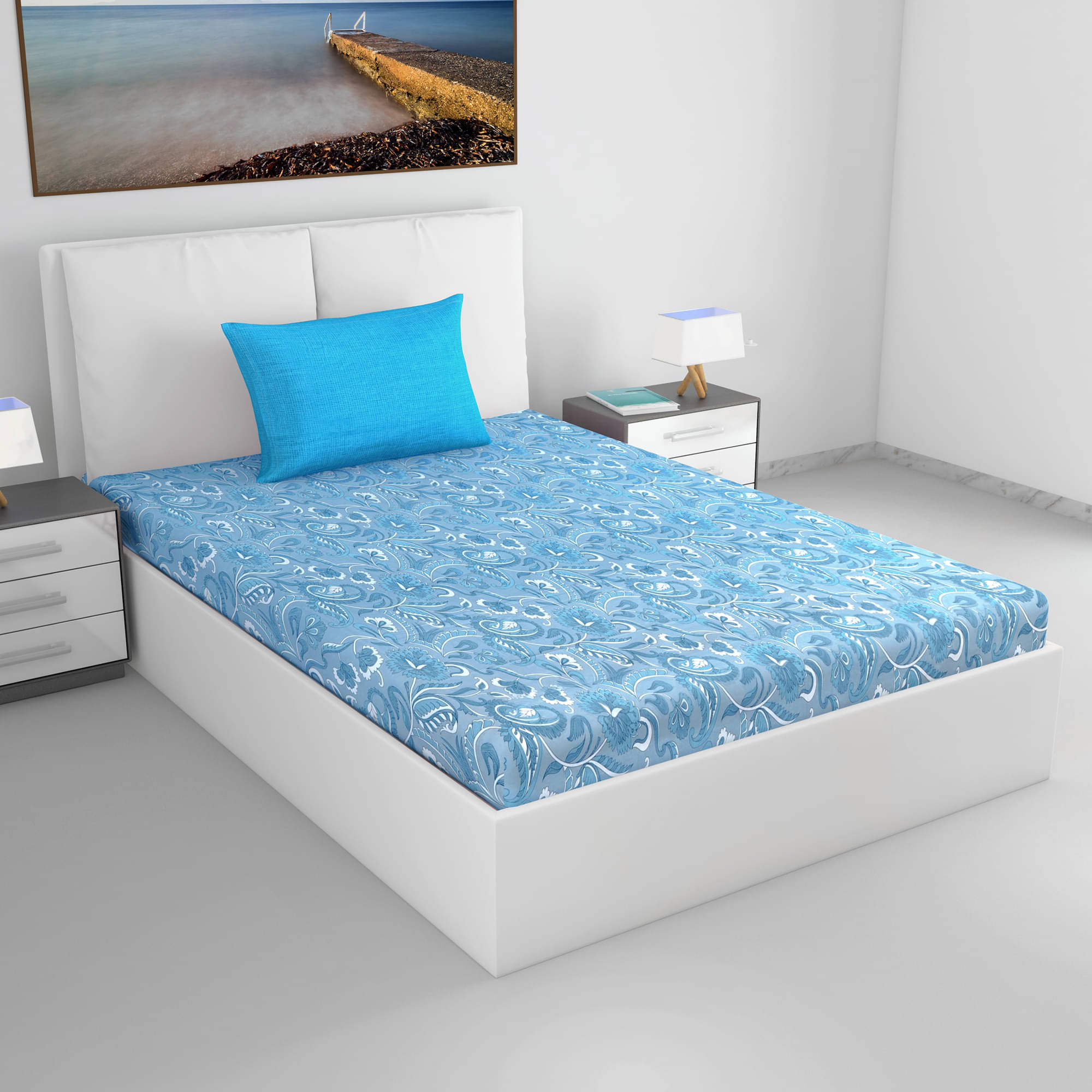     			DIVINE CASA Cotton 1 Single Bedsheet with 1 Pillow Cover ( Light Blue )