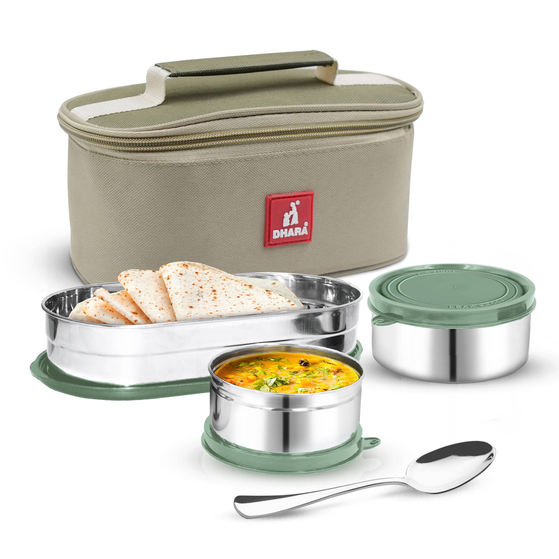 Dhara Stainless Steel Break time 3 Light Green Stainless Steel Lunch Box 3 - Container ( Pack of 1 ) Dhara Stainless Steel Break time 3 Light Green Stainless Steel Lunch Box 3 - Container ( Pack of 1 )
