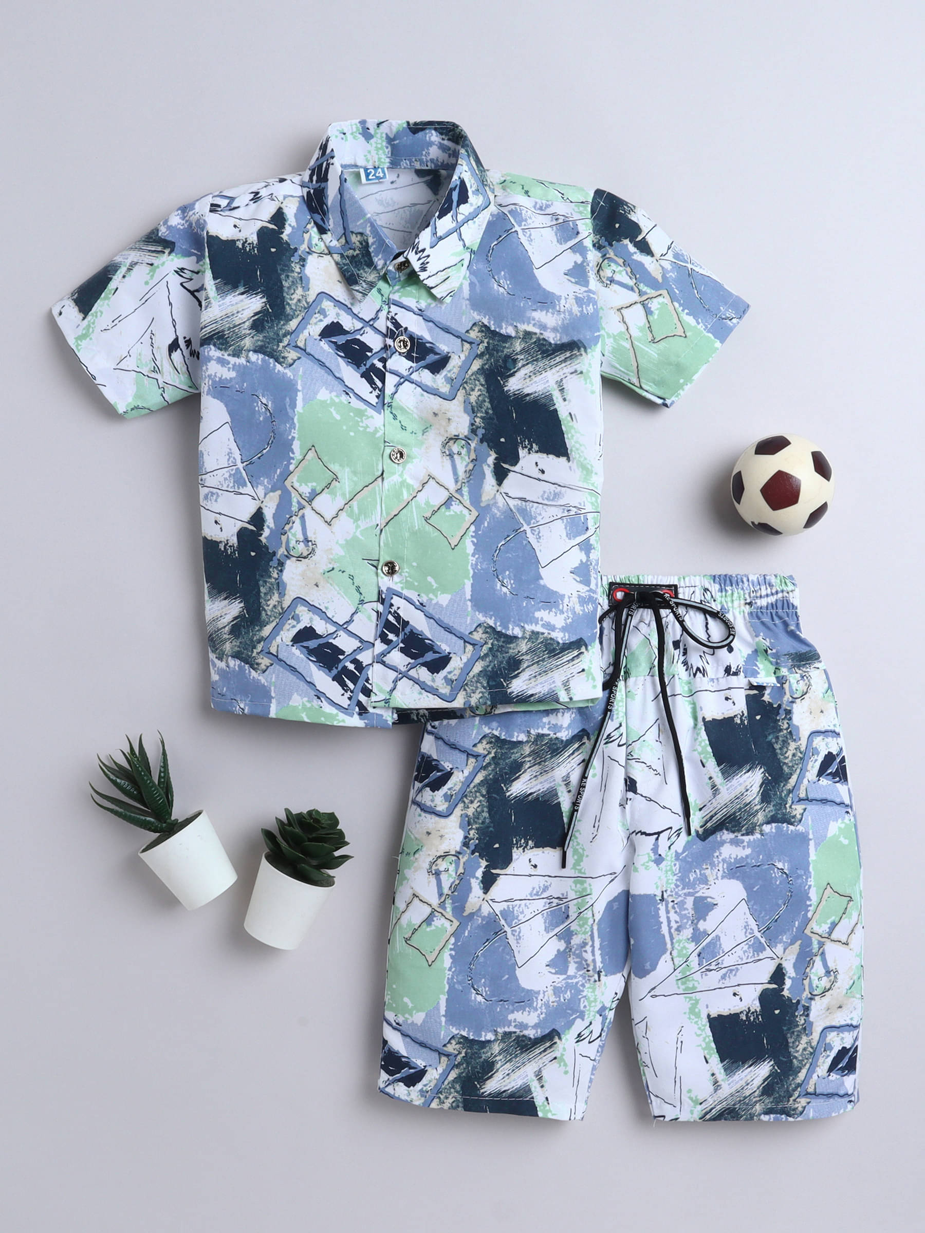     			Fourfolds Pack of 1 Boys Cotton Blend Shirts & Shorts Set ( Blue )