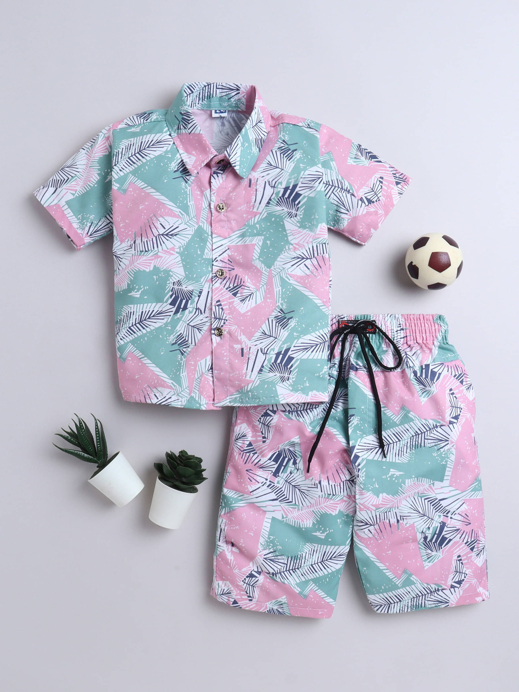     			Fourfolds Pack of 1 Boys Cotton Blend Shirts & Shorts Set ( Pink )