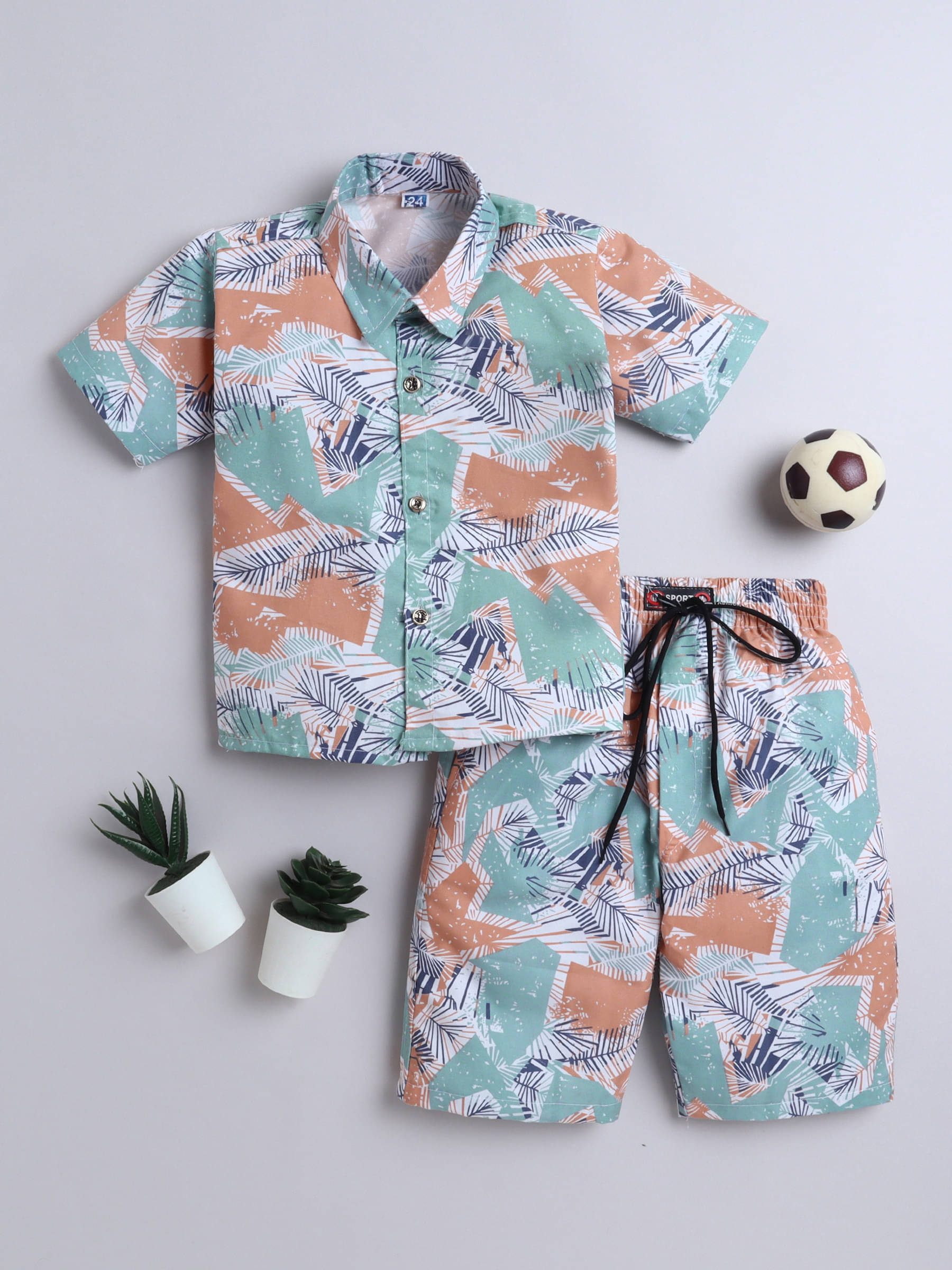     			Fourfolds Pack of 1 Boys Cotton Blend Shirts & Shorts Set ( Orange )