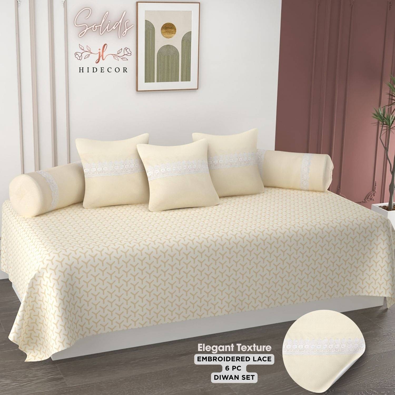 HIDECOR Microfibre Embroidered Diwan Set 6 Pcs - Cream HIDECOR Microfibre Embroidered Diwan Set 6 Pcs - Cream