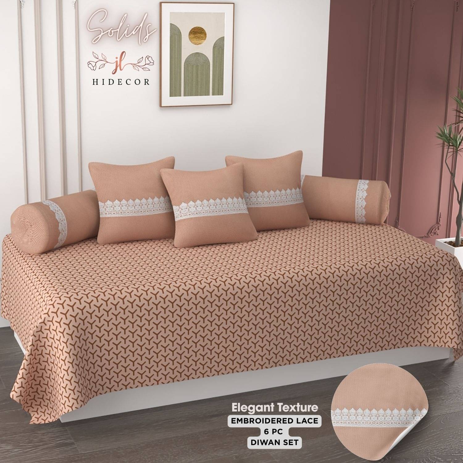 HIDECOR Microfibre Embroidered Diwan Set 6 Pcs - Brown HIDECOR Microfibre Embroidered Diwan Set 6 Pcs - Brown