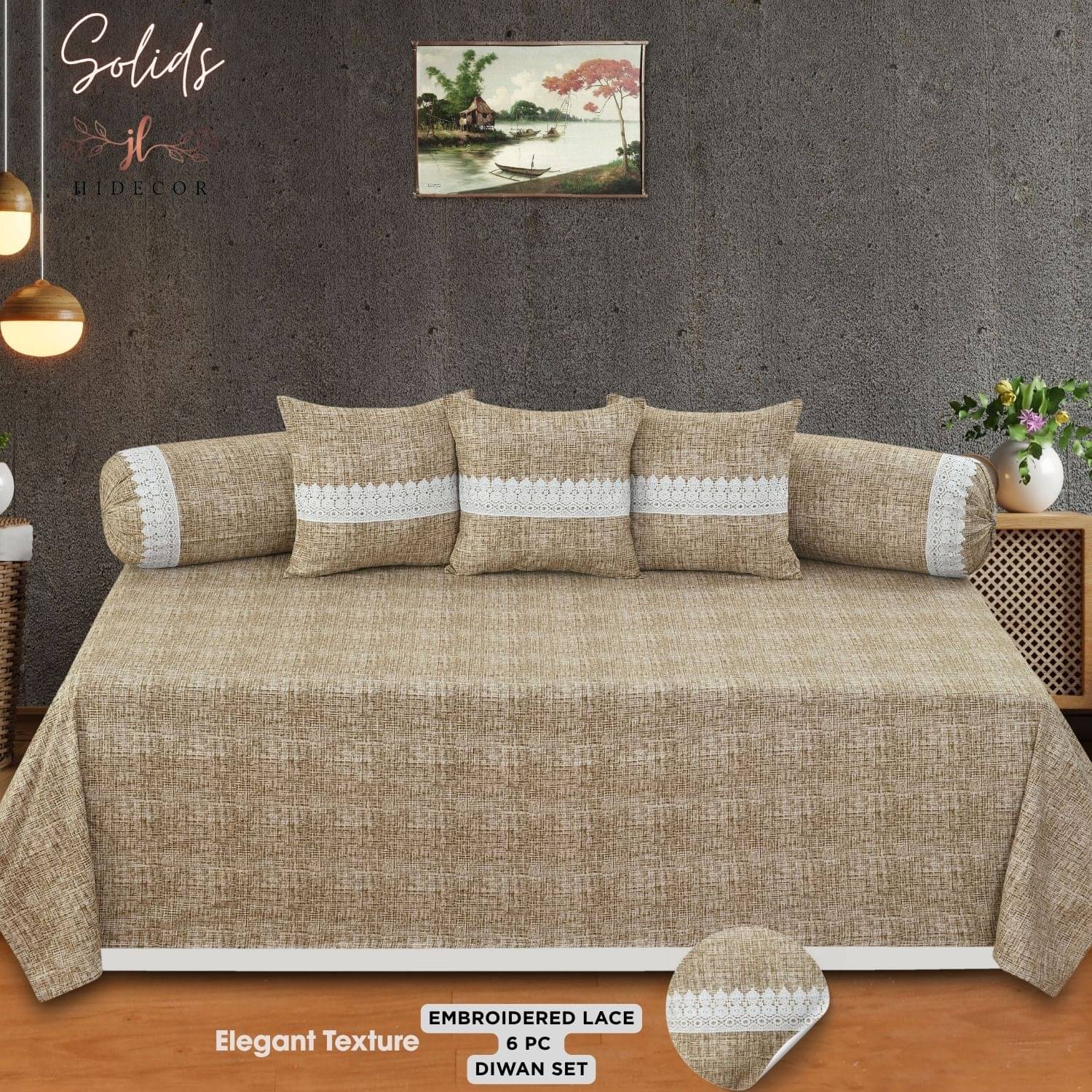 HIDECOR Microfibre Embroidered Diwan Set 6 Pcs - Brown HIDECOR Microfibre Embroidered Diwan Set 6 Pcs - Brown