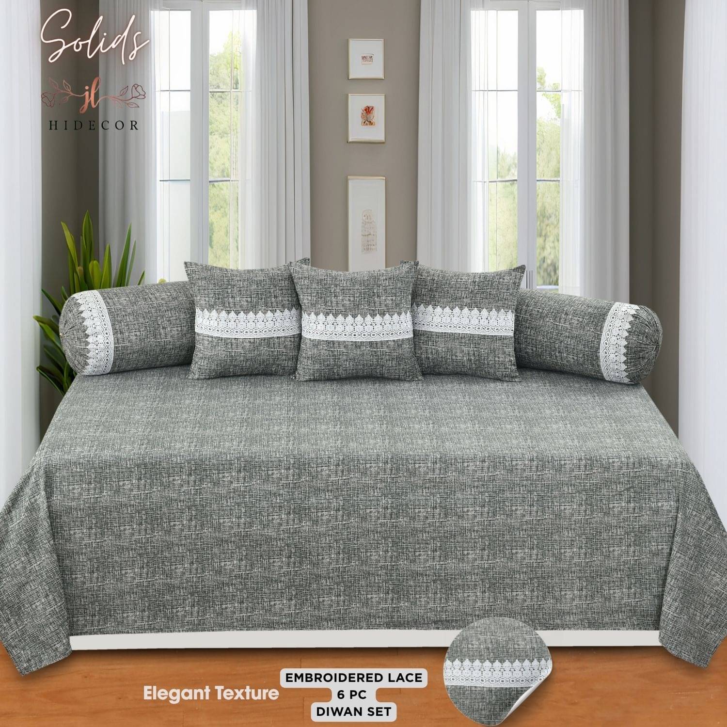 HIDECOR Microfibre Embroidered Diwan Set 6 Pcs - Gray HIDECOR Microfibre Embroidered Diwan Set 6 Pcs - Gray