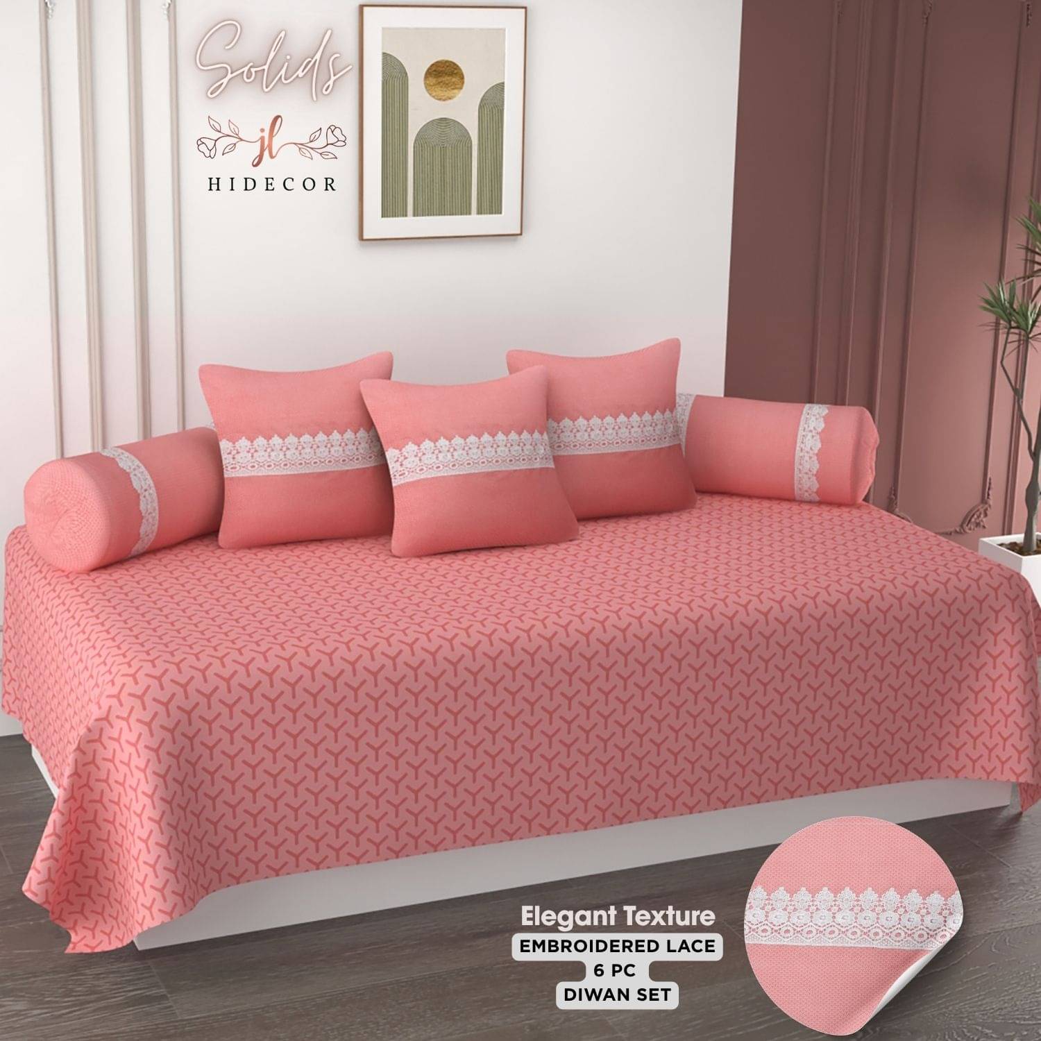 HIDECOR Microfibre Embroidered Diwan Set 6 Pcs - Peach HIDECOR Microfibre Embroidered Diwan Set 6 Pcs - Peach