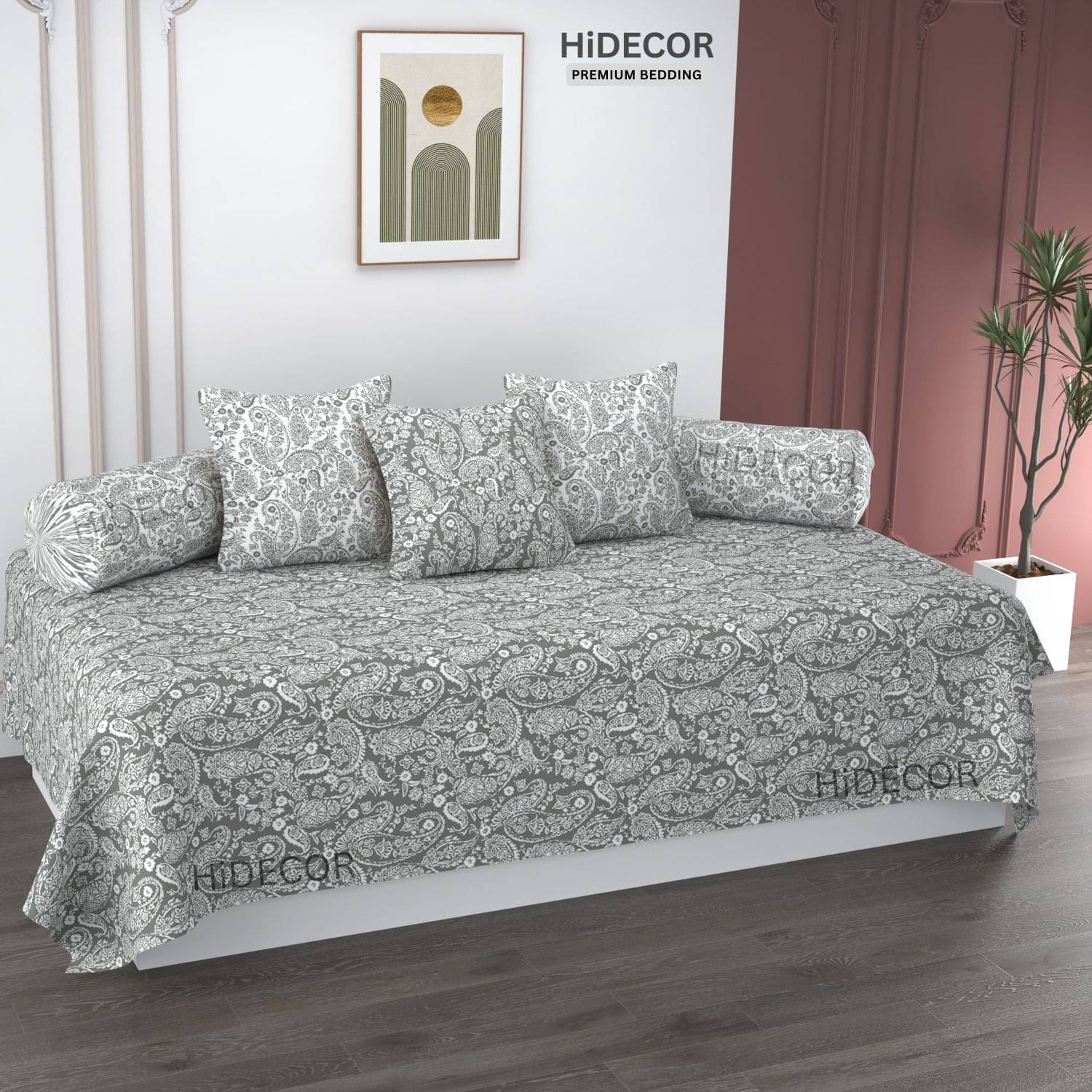     			HIDECOR Microfibre Ethnic Diwan Set 6 Pcs - Gray