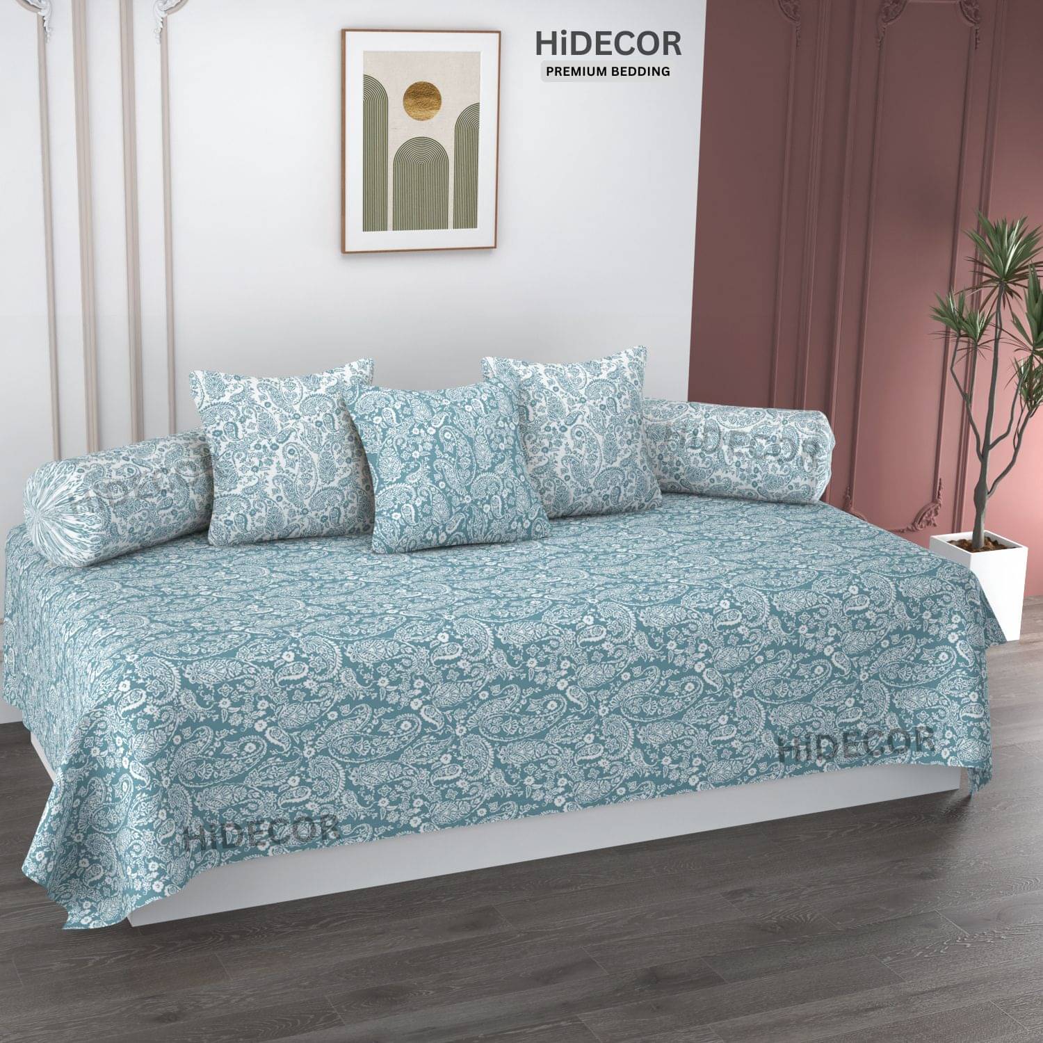 HIDECOR Microfibre Ethnic Diwan Set 6 Pcs - Blue HIDECOR Microfibre Ethnic Diwan Set 6 Pcs - Blue