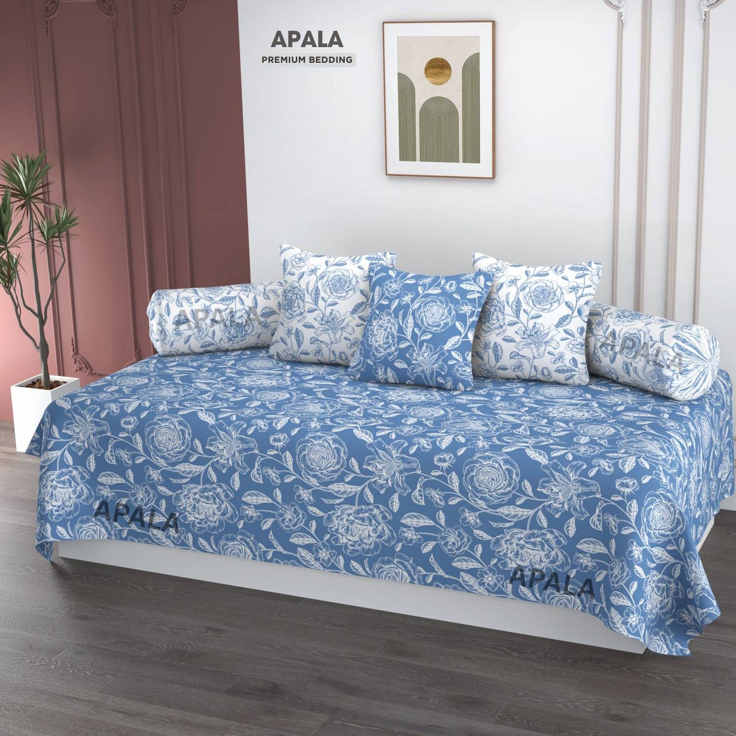 HIDECOR Microfibre Floral Diwan Set 6 Pcs - Blue HIDECOR Microfibre Floral Diwan Set 6 Pcs - Blue