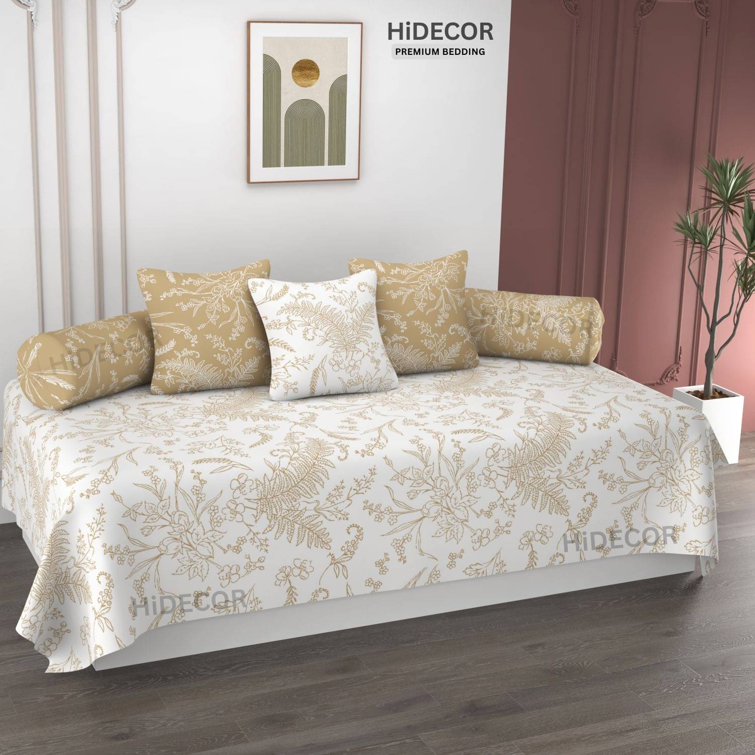 HIDECOR Microfibre Floral Diwan Set 6 Pcs - White HIDECOR Microfibre Floral Diwan Set 6 Pcs - White