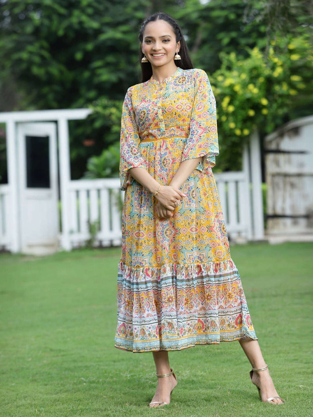 Juniper Women Chiffon Printed Fit & Flare Dress ( Mustard ) Juniper Women Chiffon Printed Fit & Flare Dress ( Mustard )