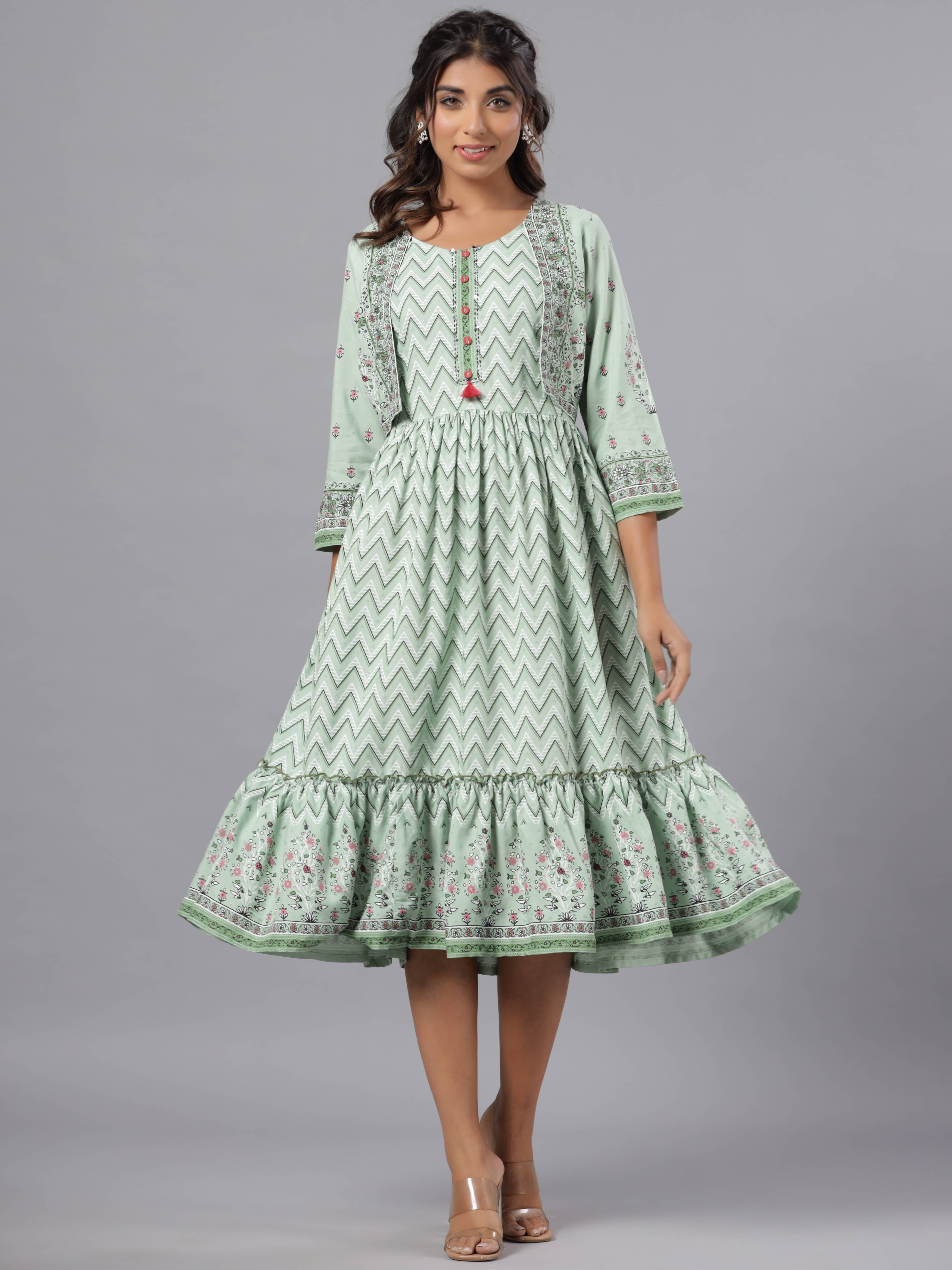     			Juniper Women Viscose Rayon Printed Fit & Flare Dress ( Green )
