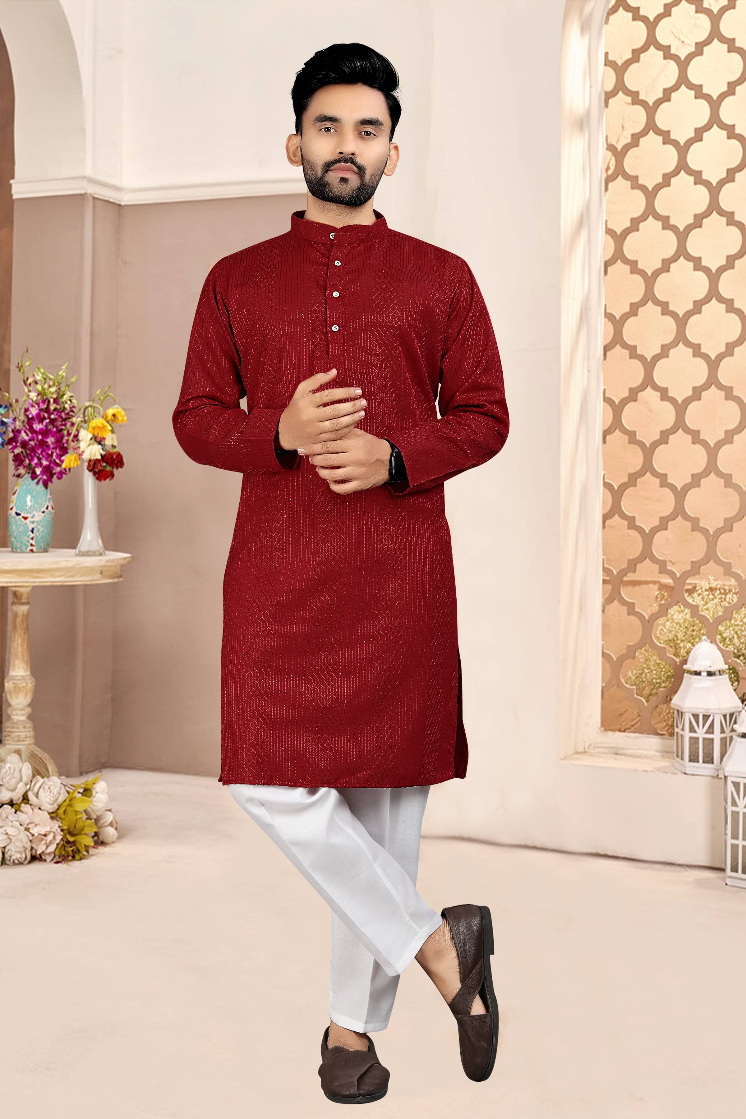     			KC Kunj Creation Maroon Cotton Blend Men's Regular Kurta ( Pack of 1 )