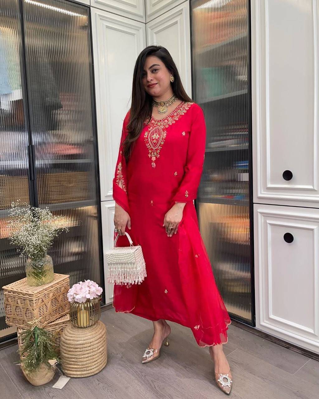 KOTRONS Women Rayon Embroidered Straight Kurti With Pants ( Red ) KOTRONS Women Rayon Embroidered Straight Kurti With Pants ( Red )