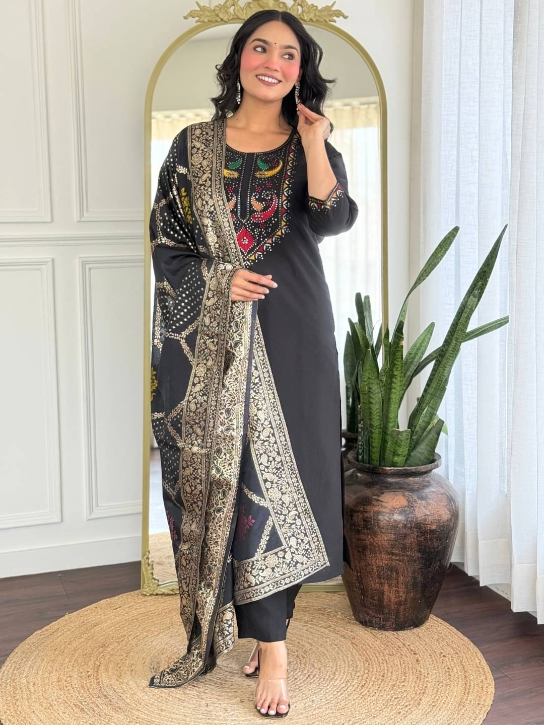 KOTRONS Women Silk Embroidered Straight Kurti With Pants ( Black ) KOTRONS Women Silk Embroidered Straight Kurti With Pants ( Black )